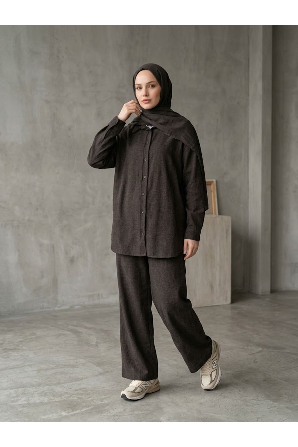 PİT00545-KHV Denim Modal Pantolonlu Takım-Kahve