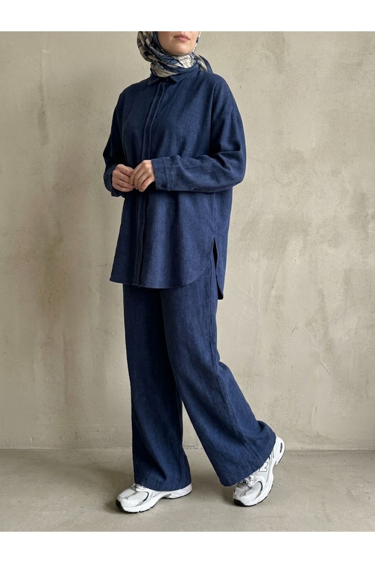 PİT00545-MAV Denim Modal Pantolonlu Takım-Mavi