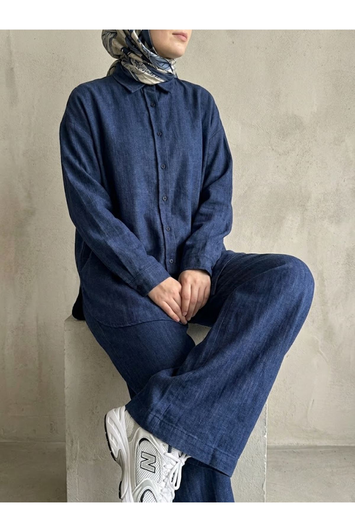 PİT00545-MAV Denim Modal Pantolonlu Takım-Mavi