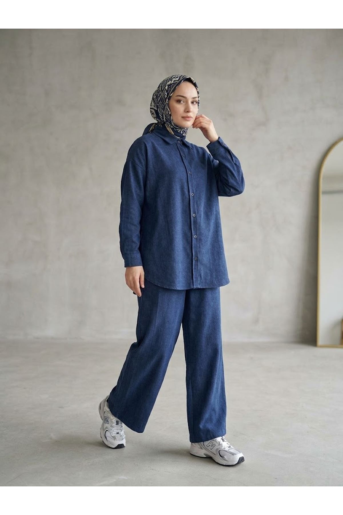 PİT00545-MAV Denim Modal Pantolonlu Takım-Mavi