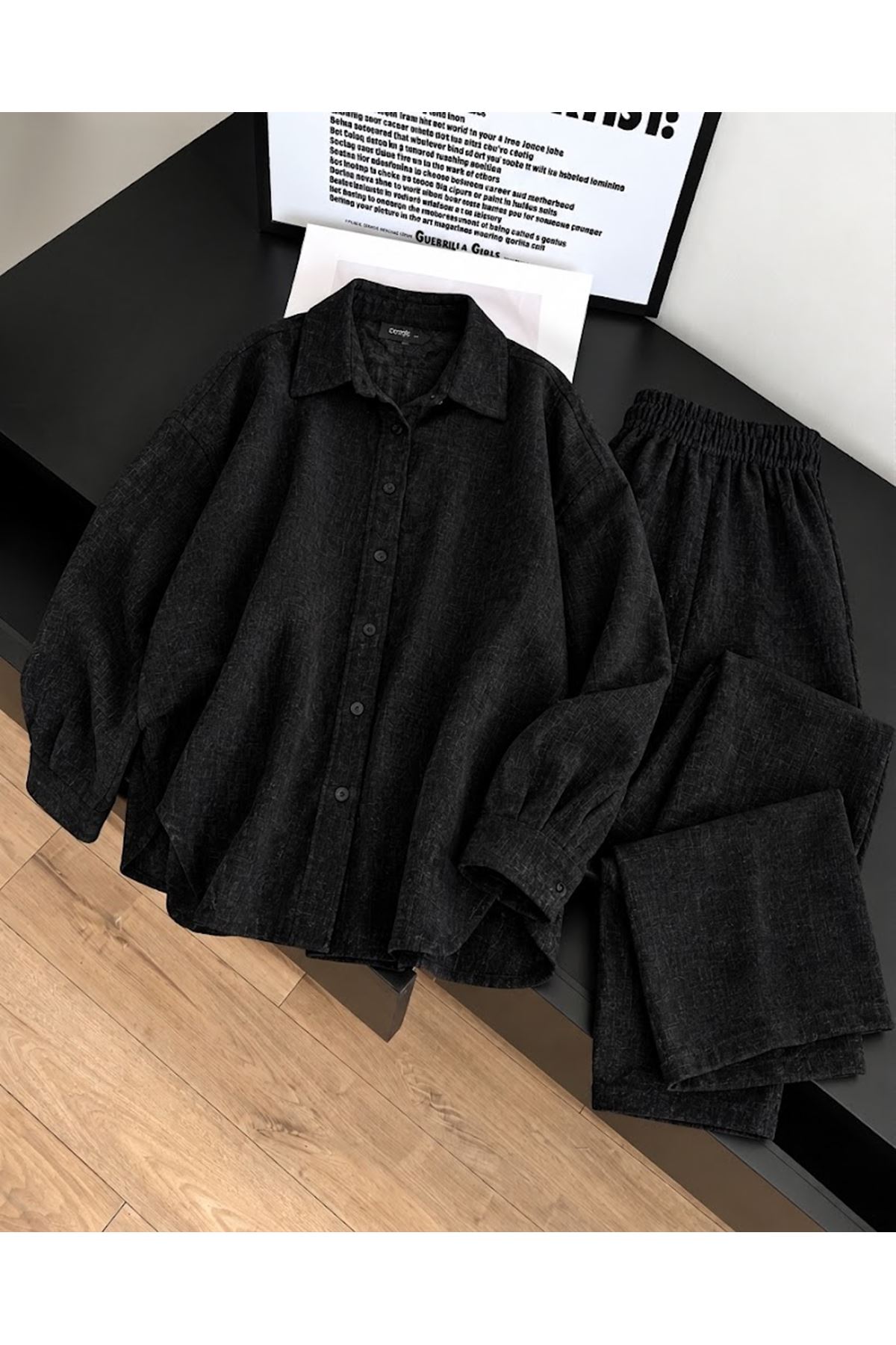 PİT00545-SYH Denim Modal Pantolonlu Takım-Siyah