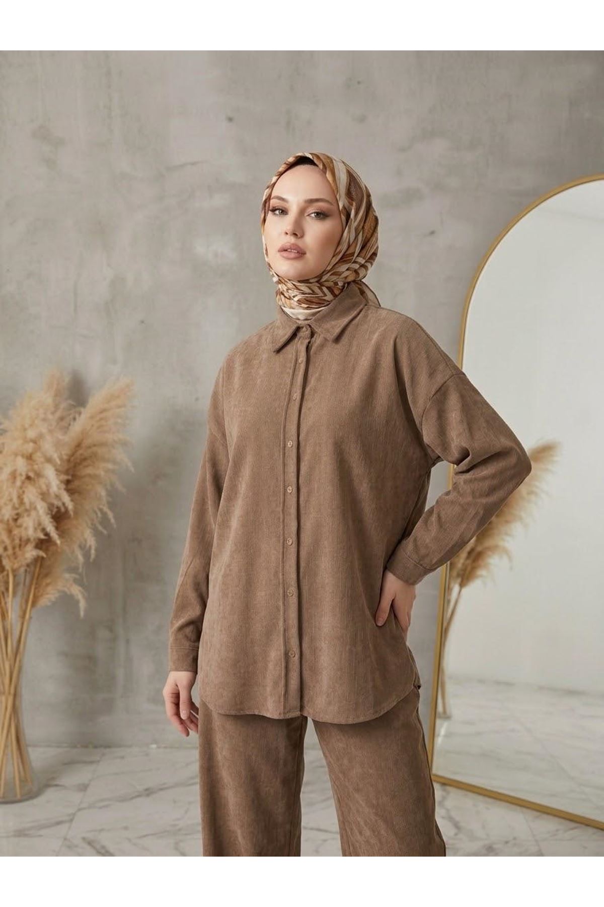 PİT00545-VİZ Denim Modal Pantolonlu Takım-Vizon