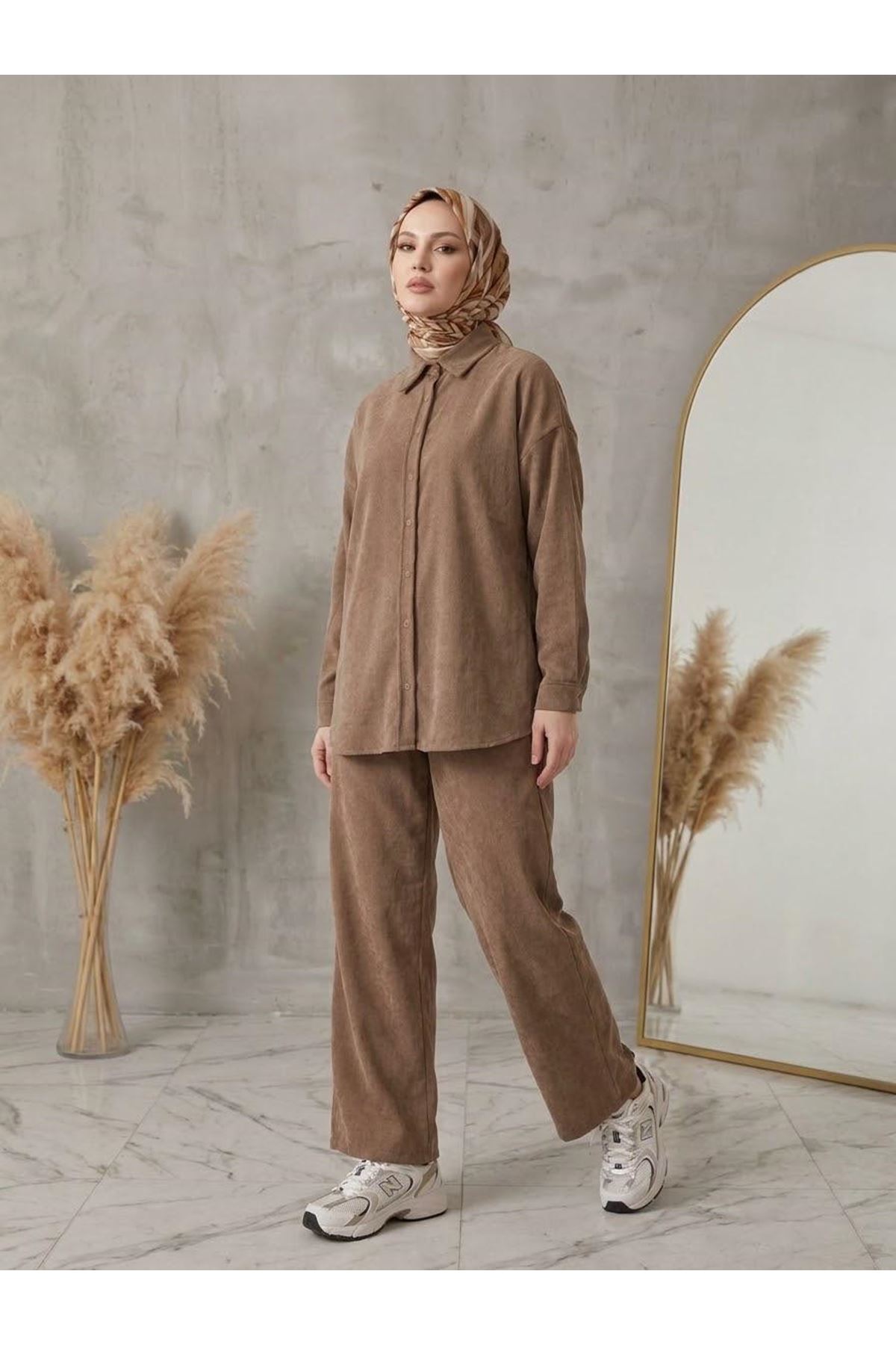 PİT00545-VİZ Denim Modal Pantolonlu Takım-Vizon