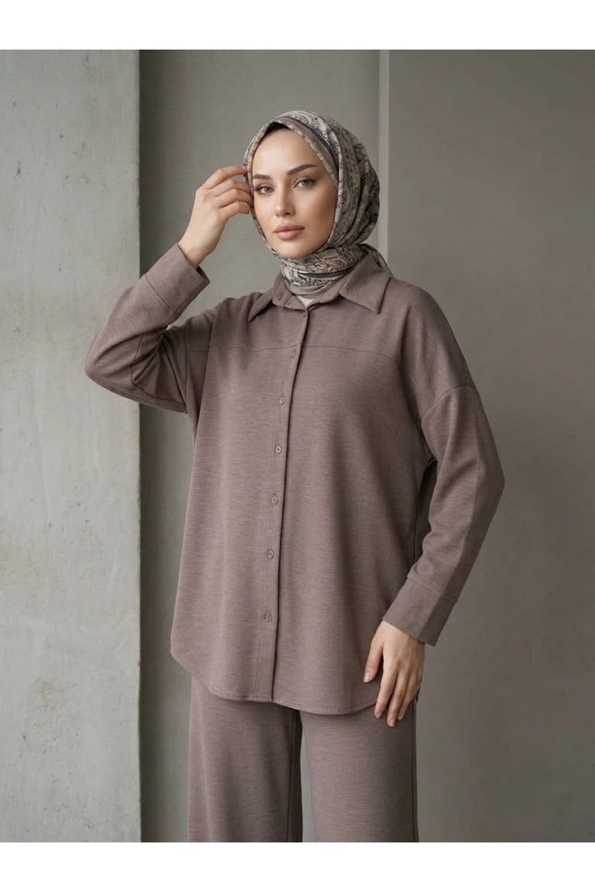 PİT00548-P102 Roba Detay Panolonlu Takım-Açık Kahve
