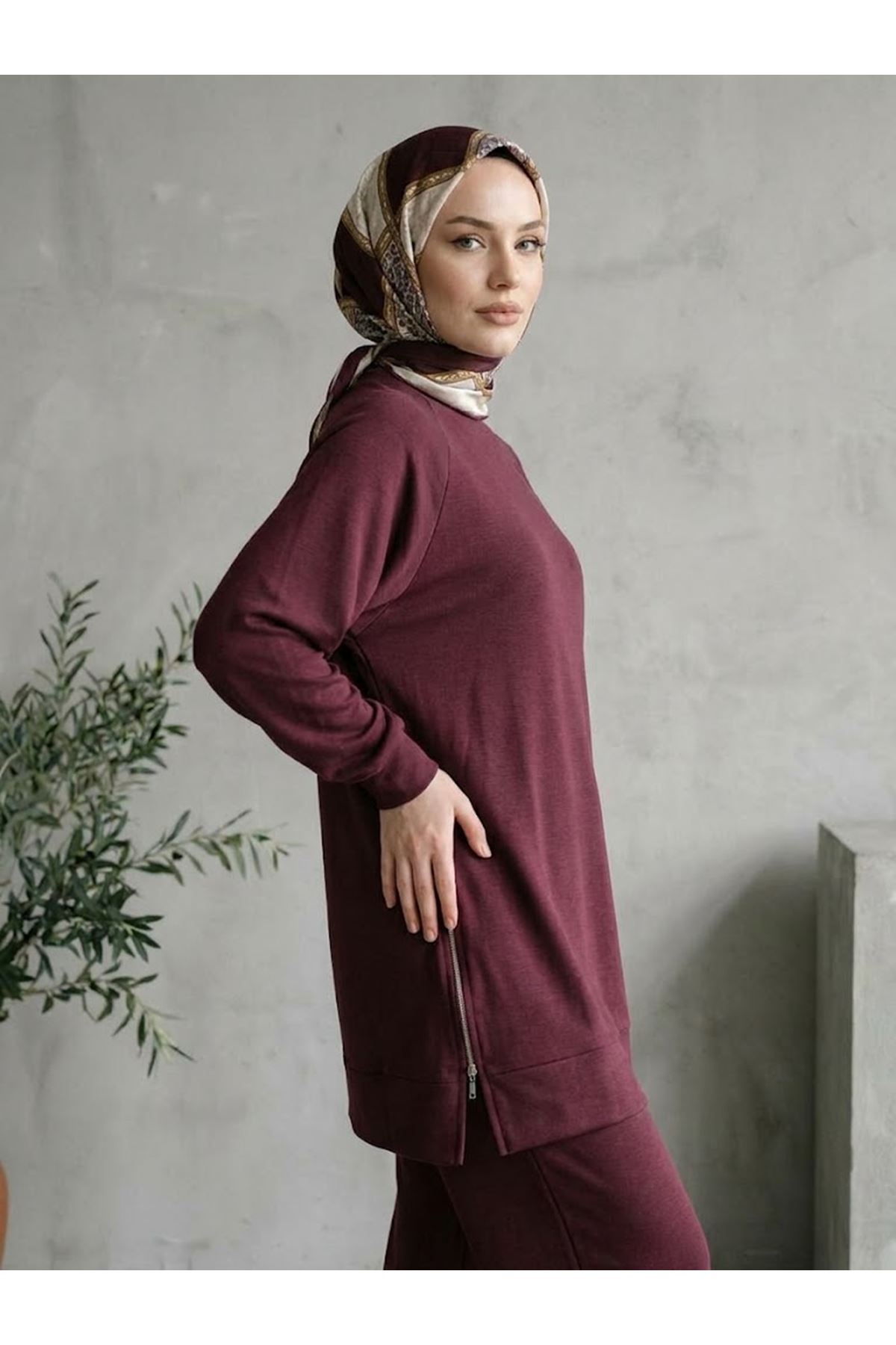 PİT00529-BRD İki Yan Fermuar Detay Reglan Kol Pantolonlu Takım-Bordo