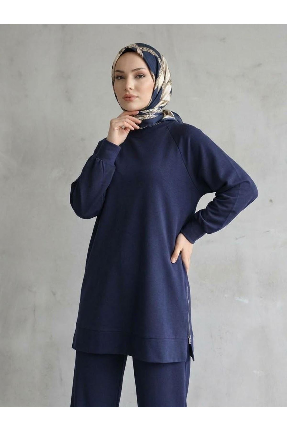 PİT00529-LCV İki Yan Fermuar Detay Reglan Kol Pantolonlu Takım-Lacivert
