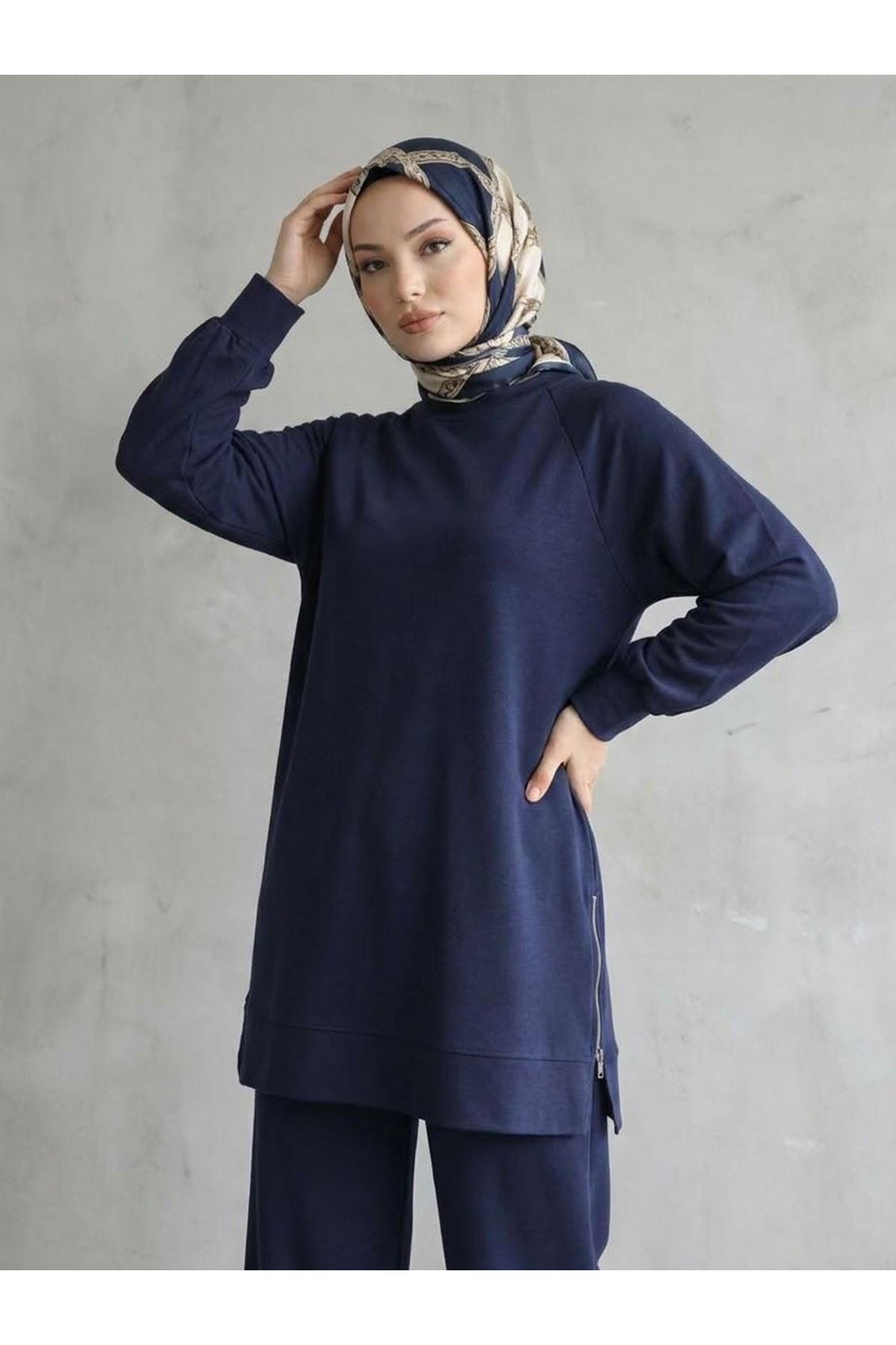 PİT00529-LCV İki Yan Fermuar Detay Reglan Kol Pantolonlu Takım-Lacivert