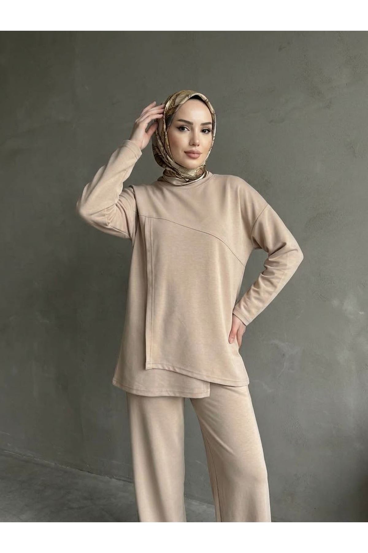 PİT00546-BEJ Ön Hareket Detay Pantolonlu Takım-Bej