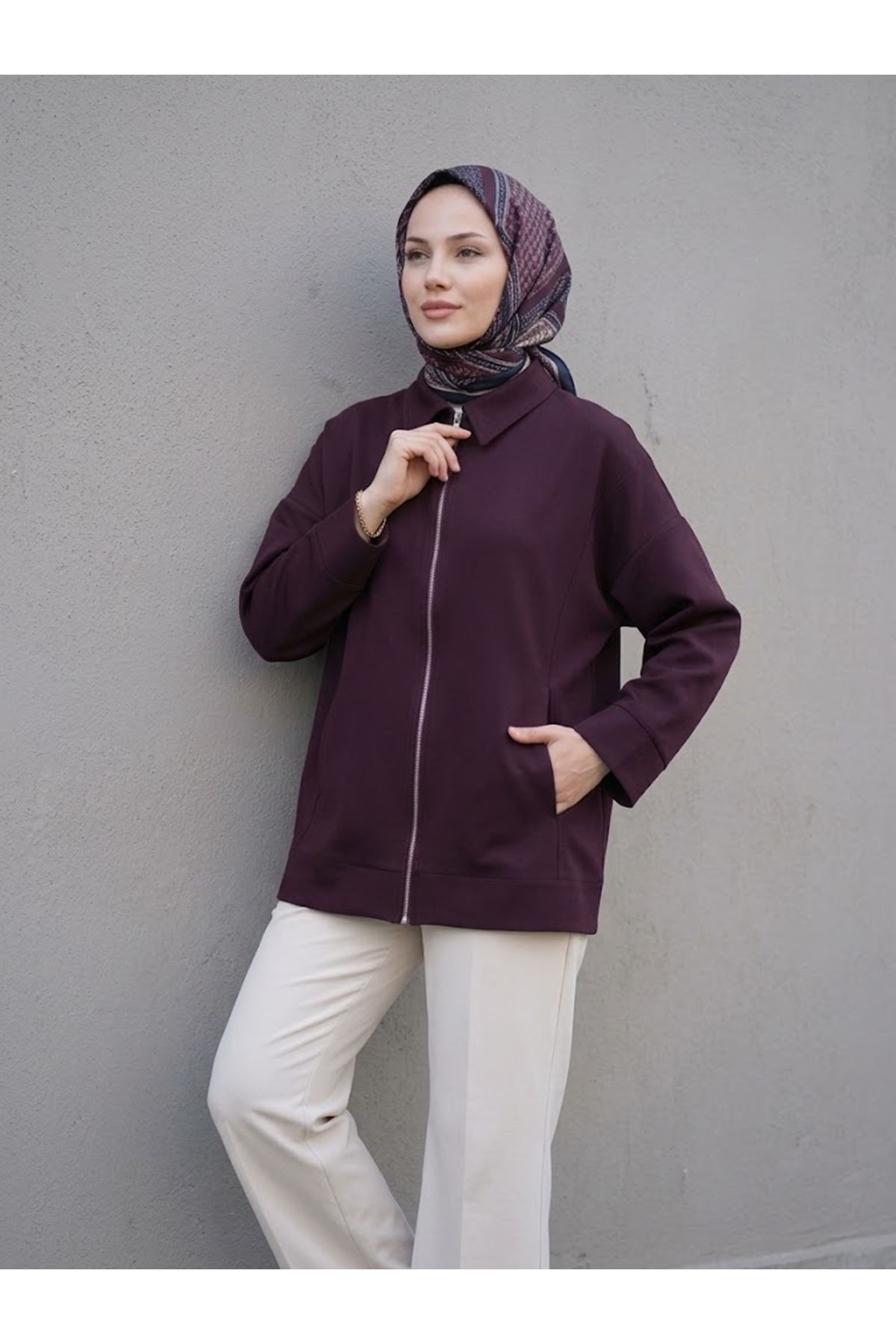 CKT01795-BRD Cep Detay Fermuarlı Ceket-Bordo