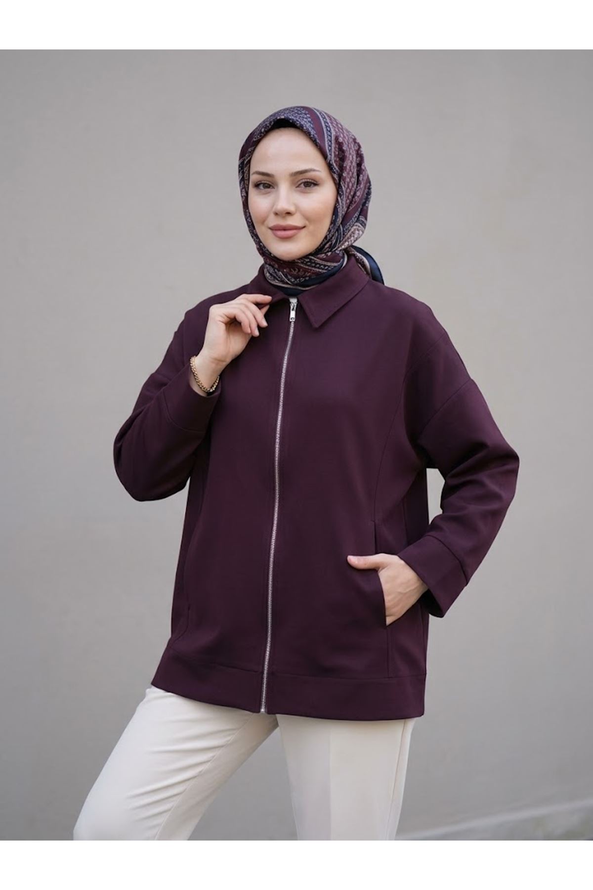 CKT01795-BRD Cep Detay Fermuarlı Ceket-Bordo