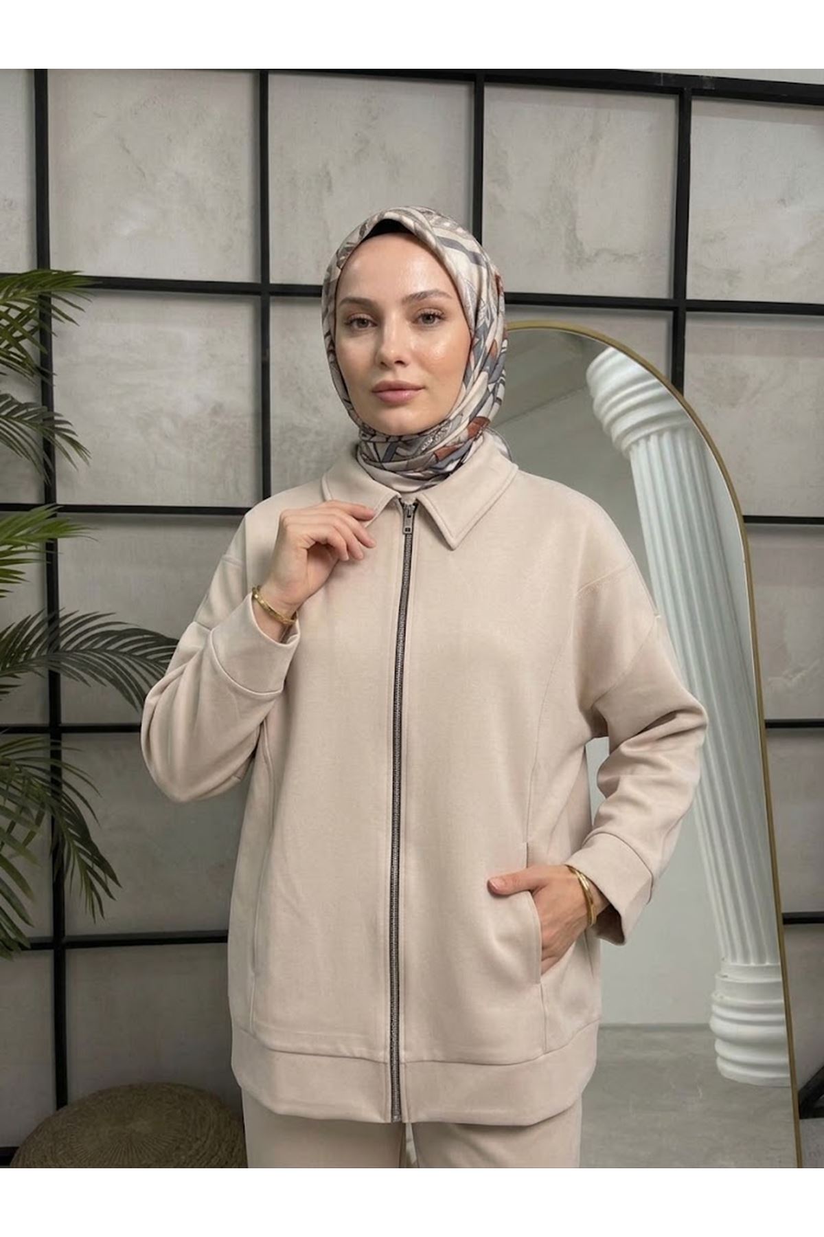 CKT01795-TAŞ Cep Detay Fermuarlı Ceket-Taş