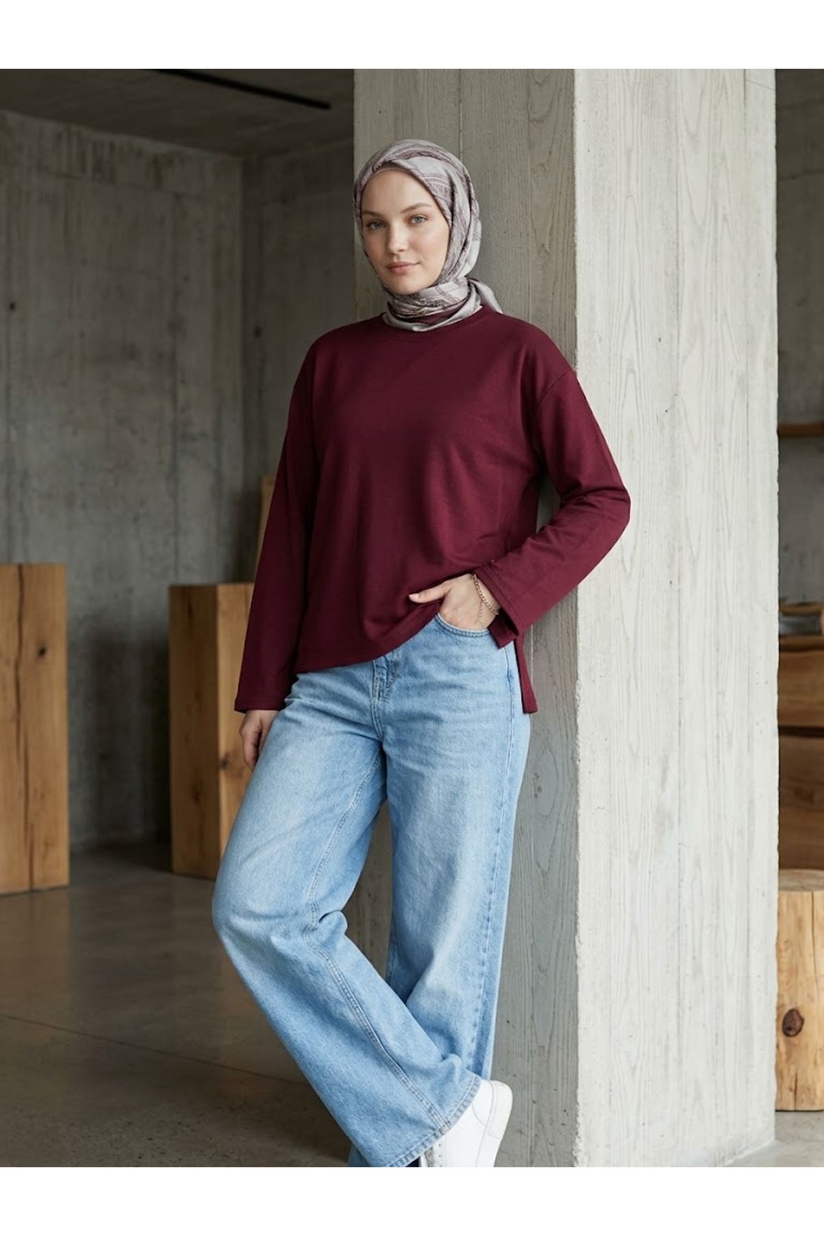 TUN06004-BRD Yırtmaçlı Oysho Tunik-Bordo