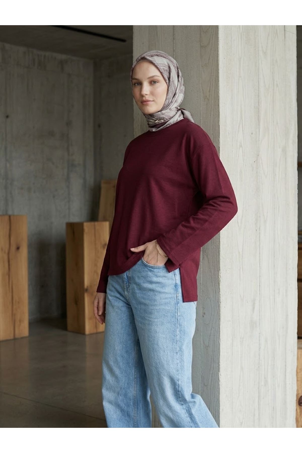 TUN06004-BRD Yırtmaçlı Oysho Tunik-Bordo