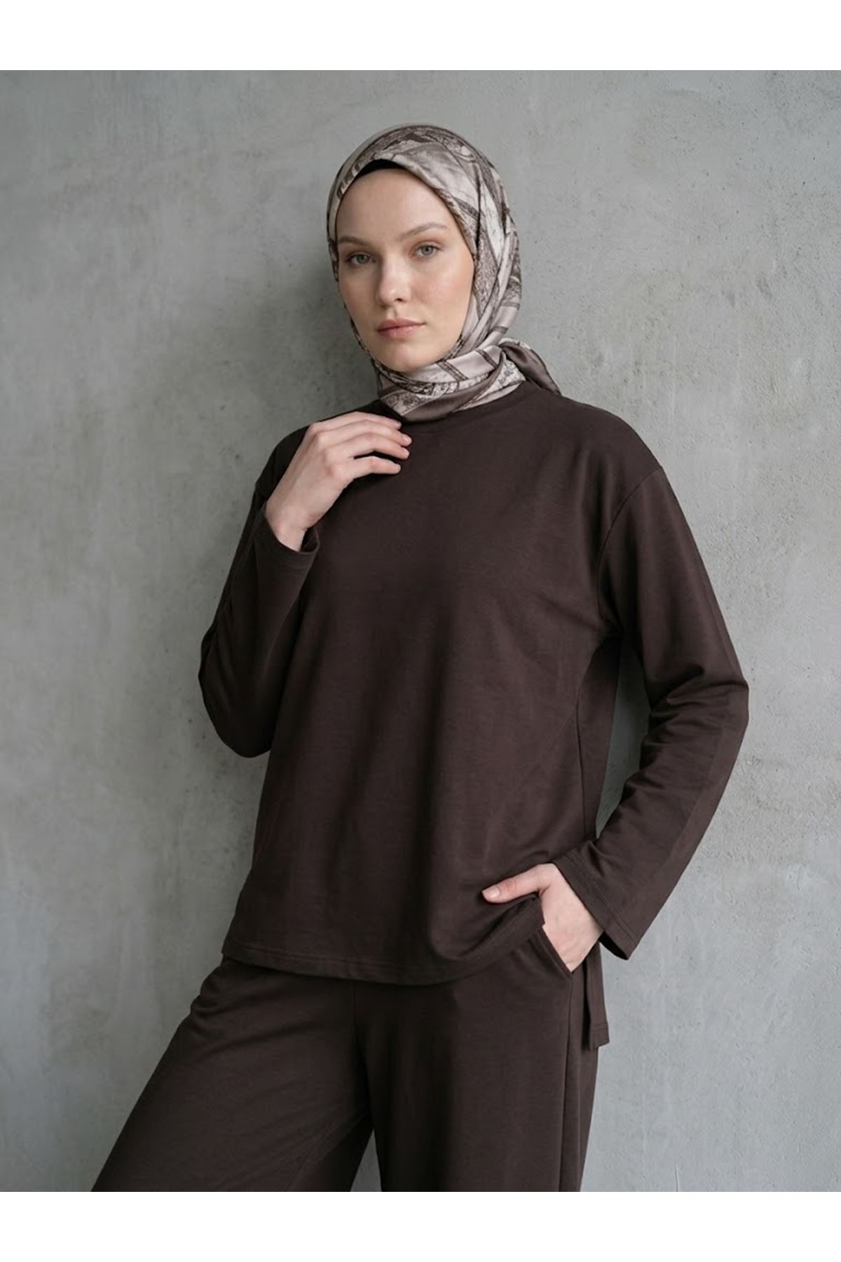 TUN06004-KHV Yırtmaçlı Oysho Tunik-Kahve