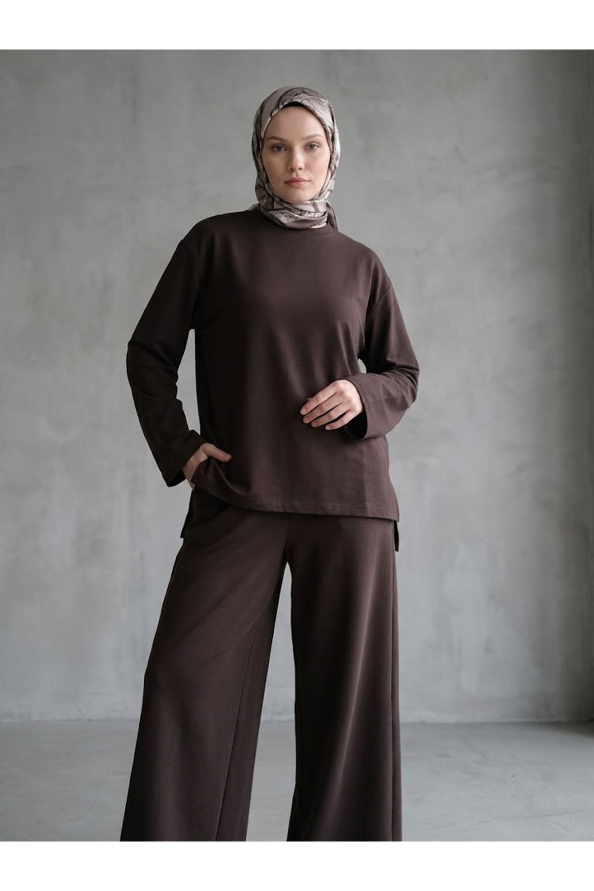 TUN06004-KHV Yırtmaçlı Oysho Tunik-Kahve
