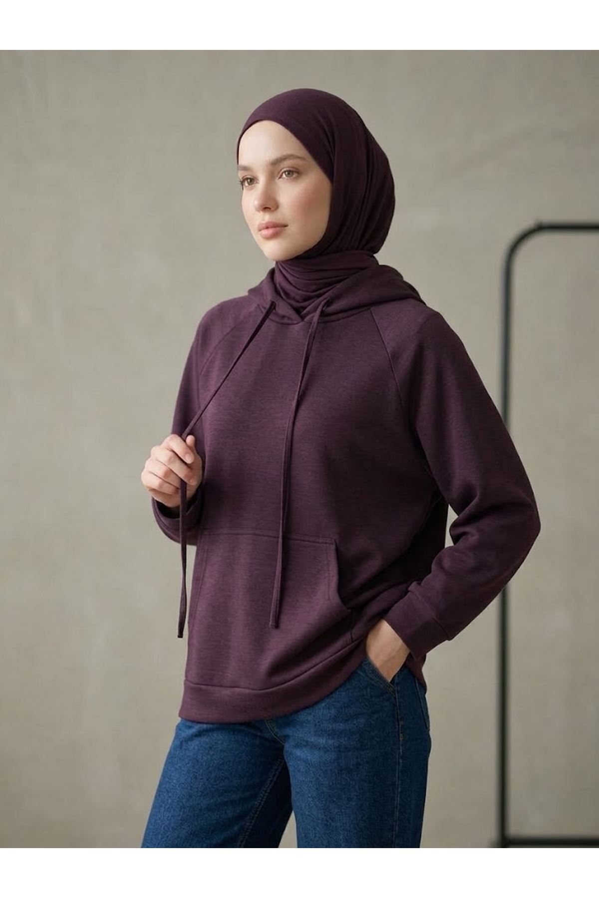 TUN06010-BRD Kapşonlu Kanguru Cep Oysho Tunik-Bordo