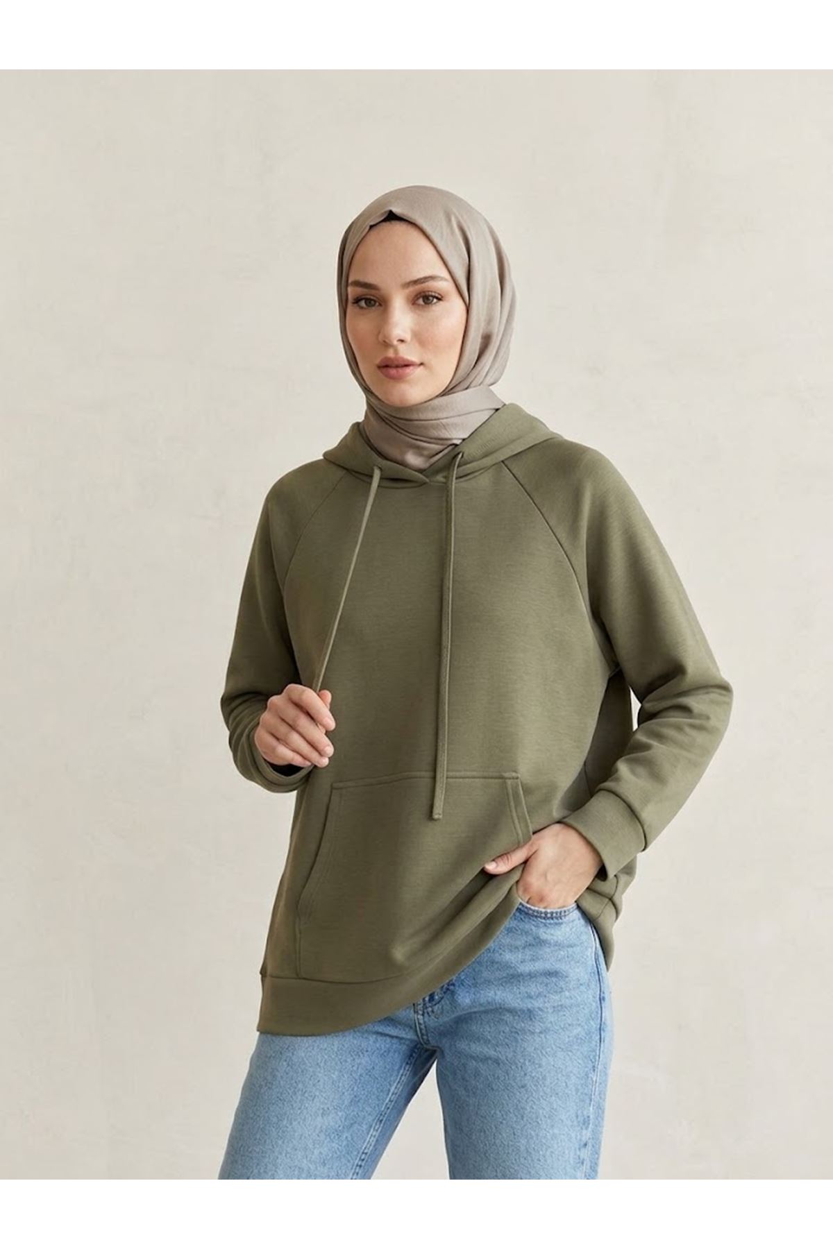 TUN06010-HKİ Kapşonlu Kanguru Cep Oysho Tunik-Haki