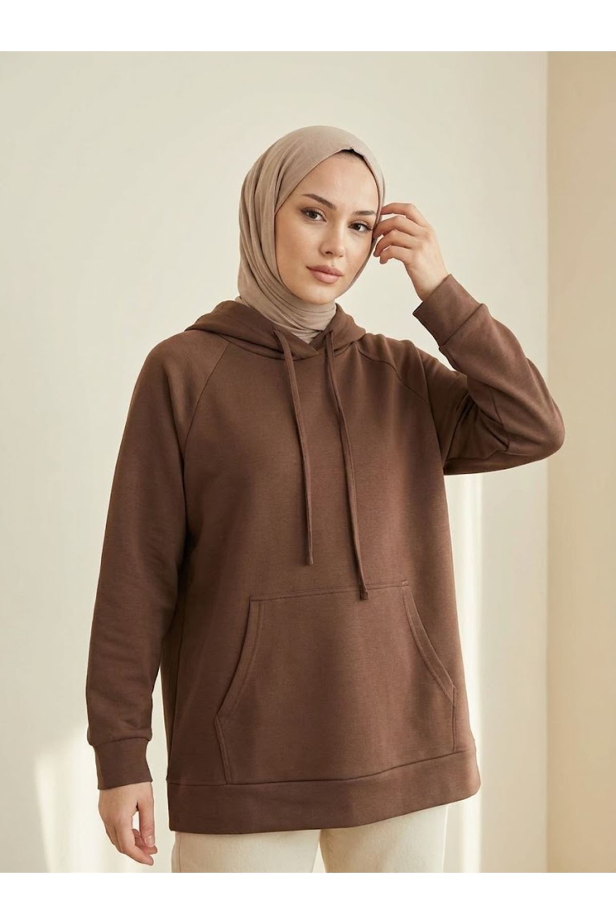 TUN06010-P102 Kapşonlu Kanguru Cep Oysho Tunik-Açık Kahve