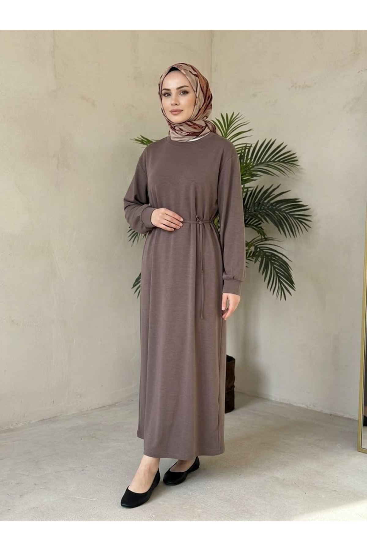 ELB04178-P102 Manşet Detay Pike Elbise-Açık Kahve