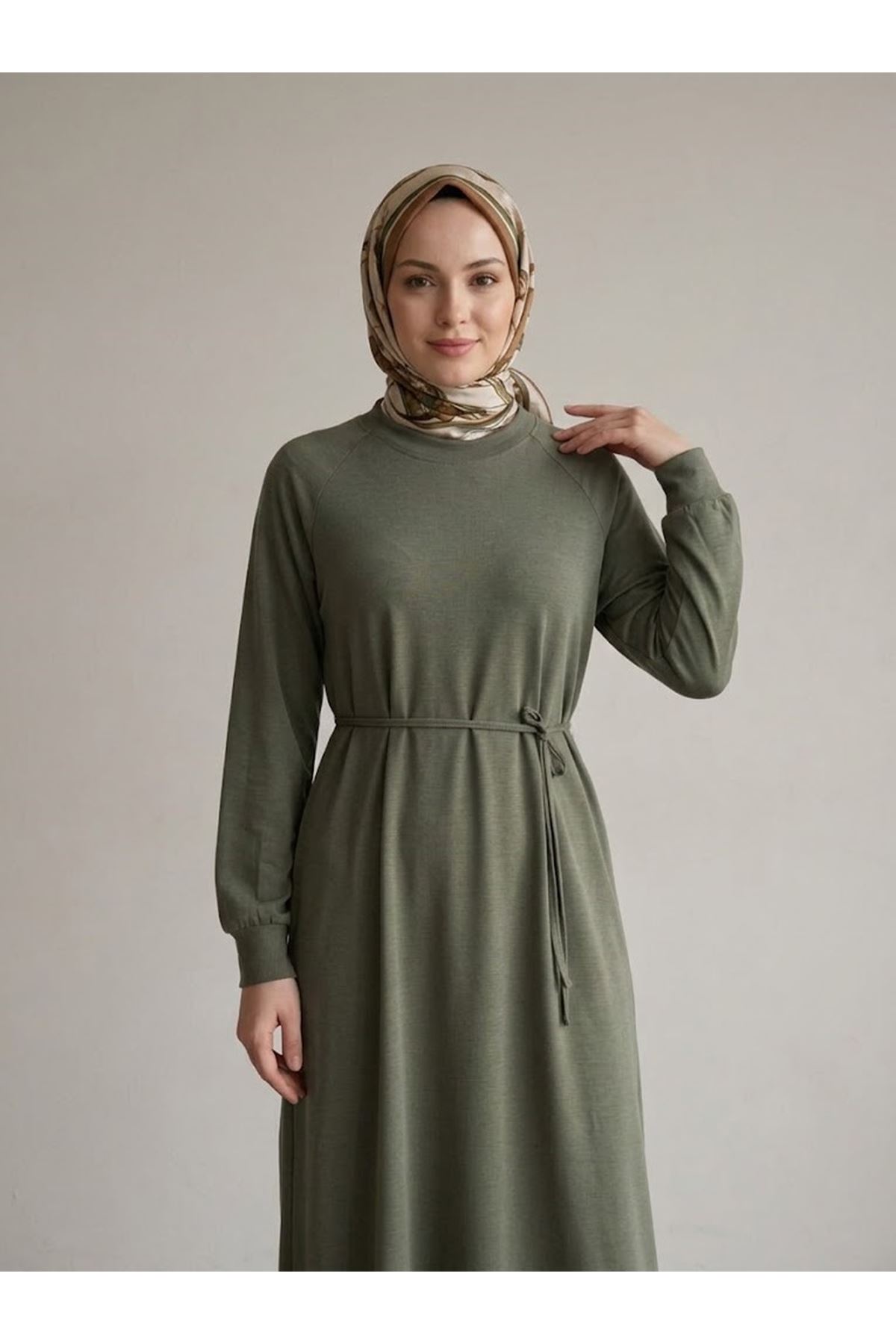 ELB04173-HKİ Reglan Kol Pike Elbise-Haki