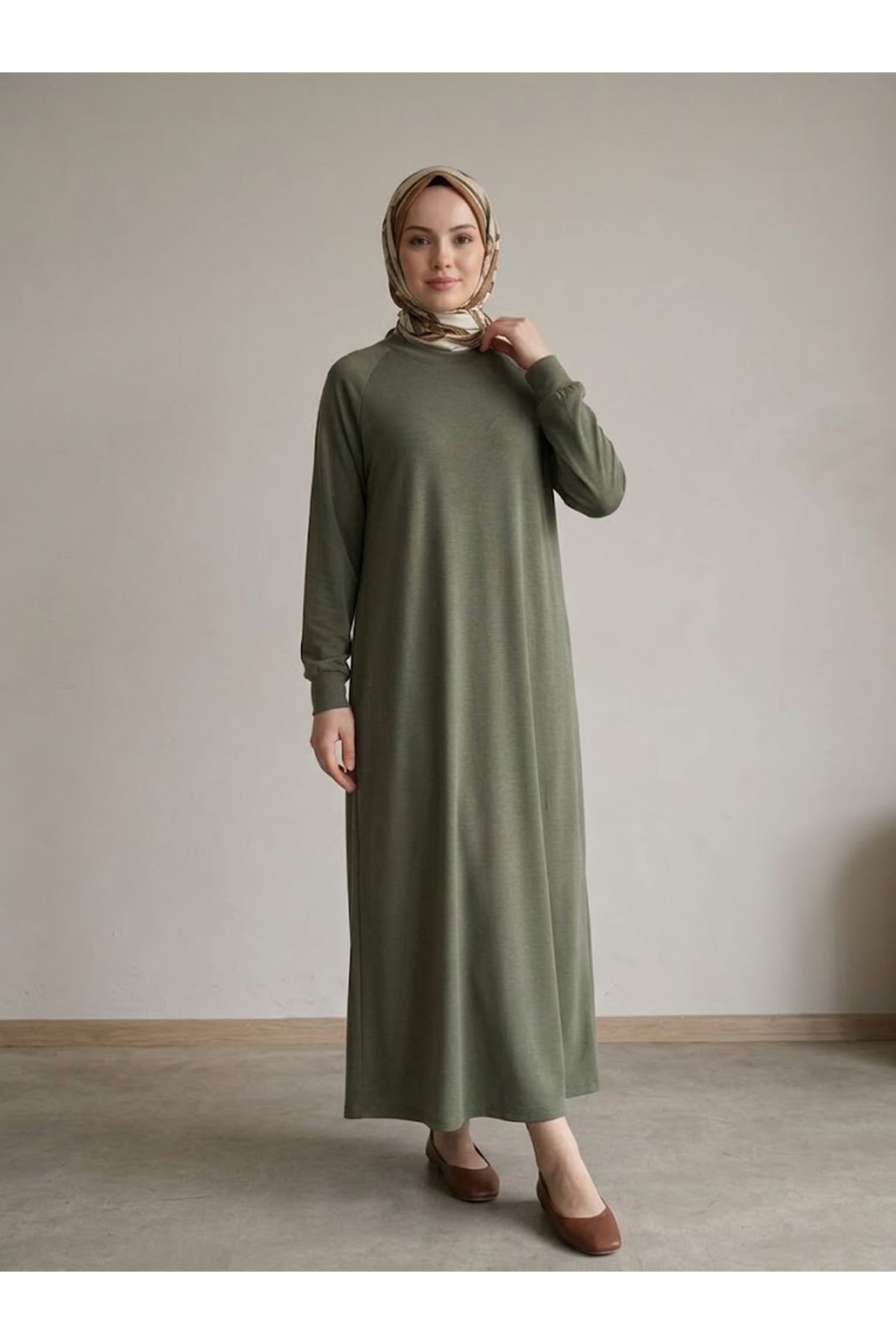 ELB04173-HKİ Reglan Kol Pike Elbise-Haki