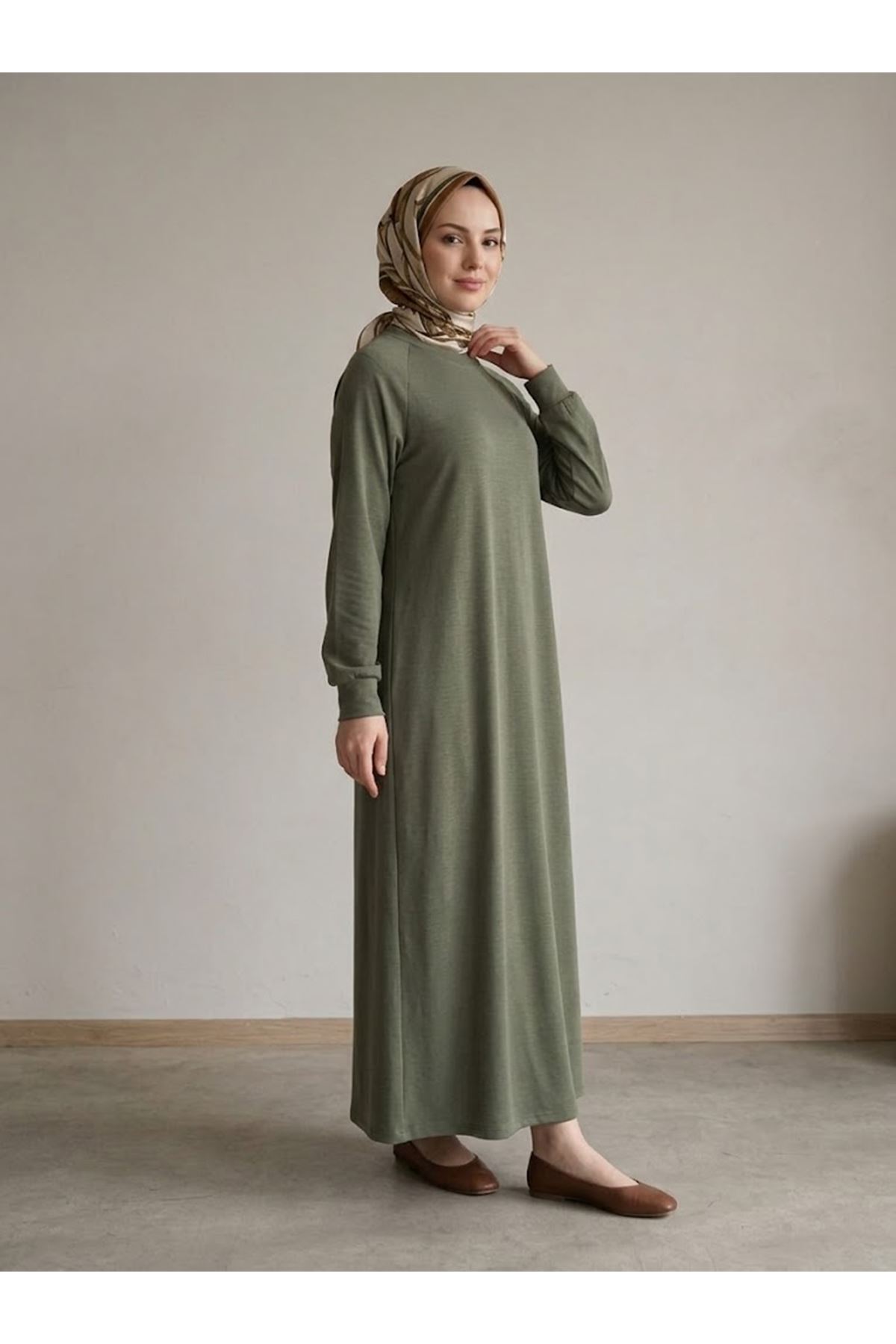 ELB04173-HKİ Reglan Kol Pike Elbise-Haki