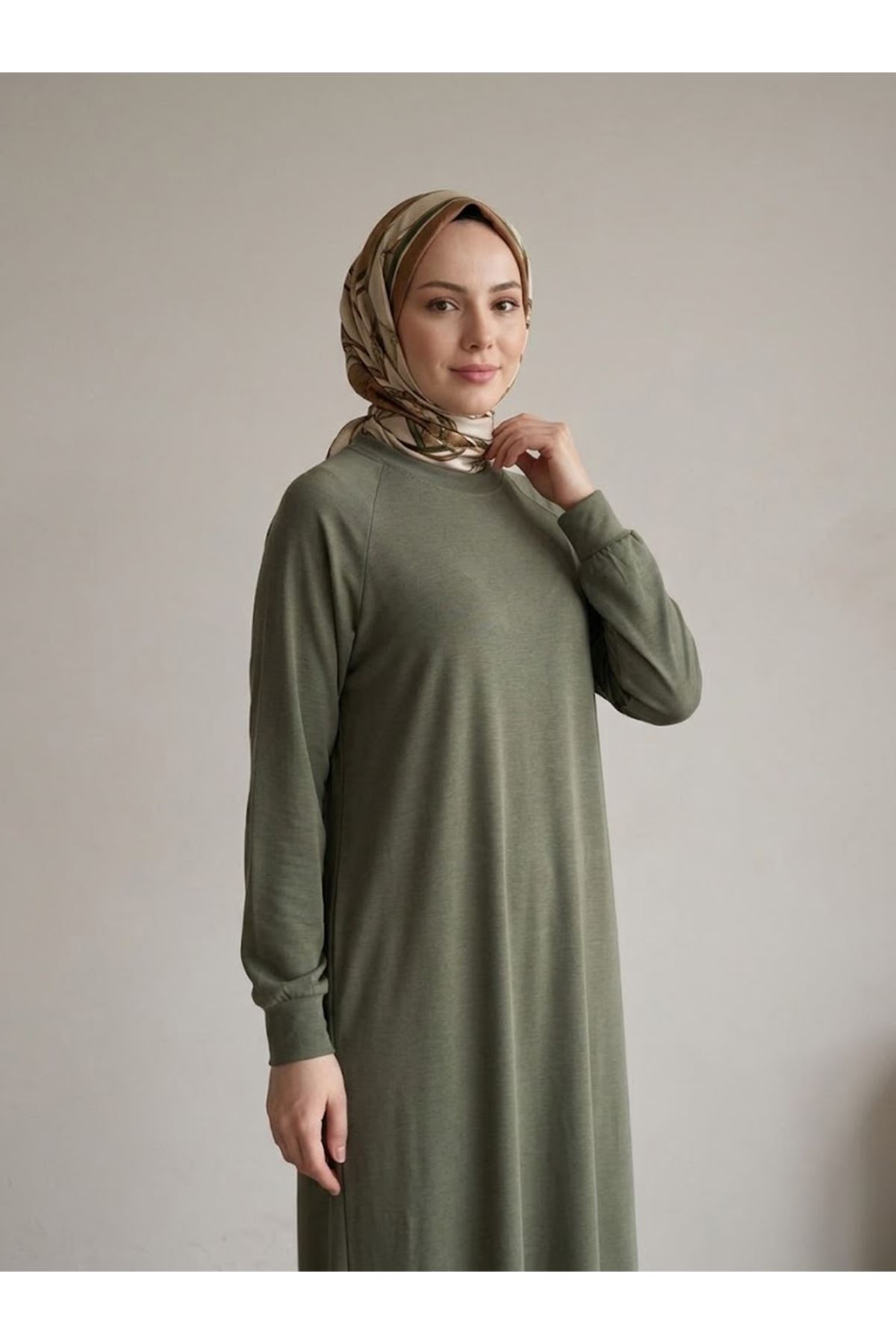 ELB04173-HKİ Reglan Kol Pike Elbise-Haki