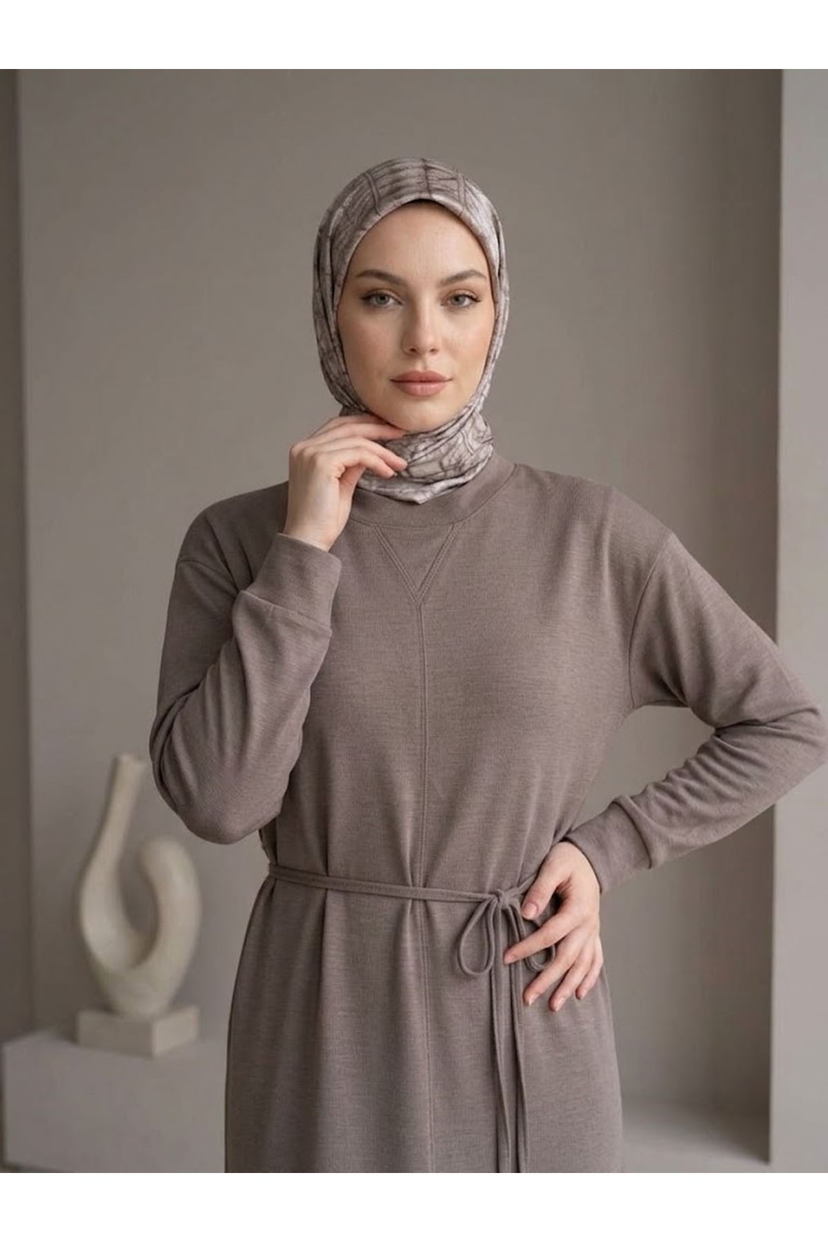 ELB04174-P102 Ön Hareket Detay Pike Elbise-Açık Kahve