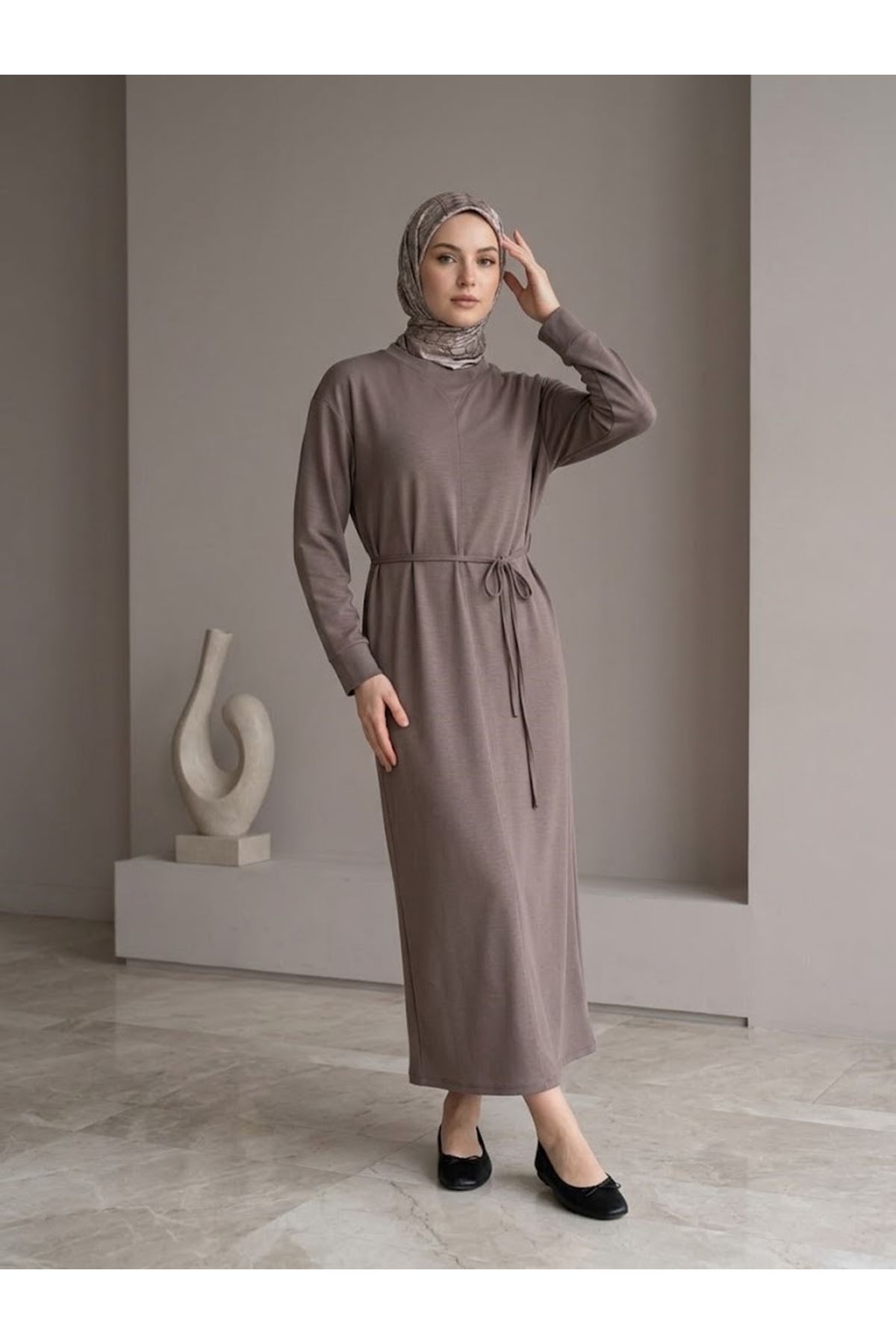 ELB04174-P102 Ön Hareket Detay Pike Elbise-Açık Kahve