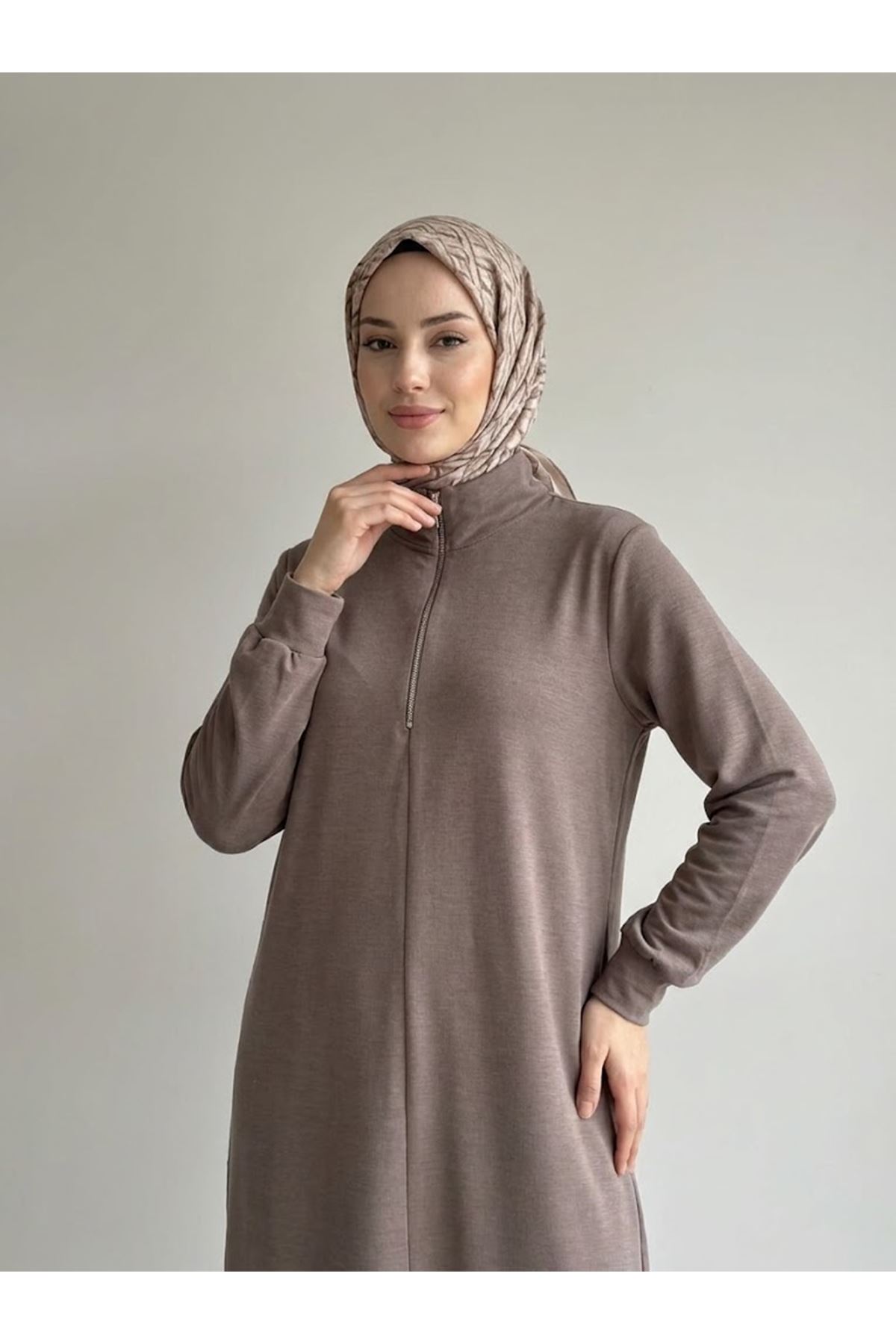 ELB04180-P102 Fermuar Detay Pike Elbise-Açık Kahve