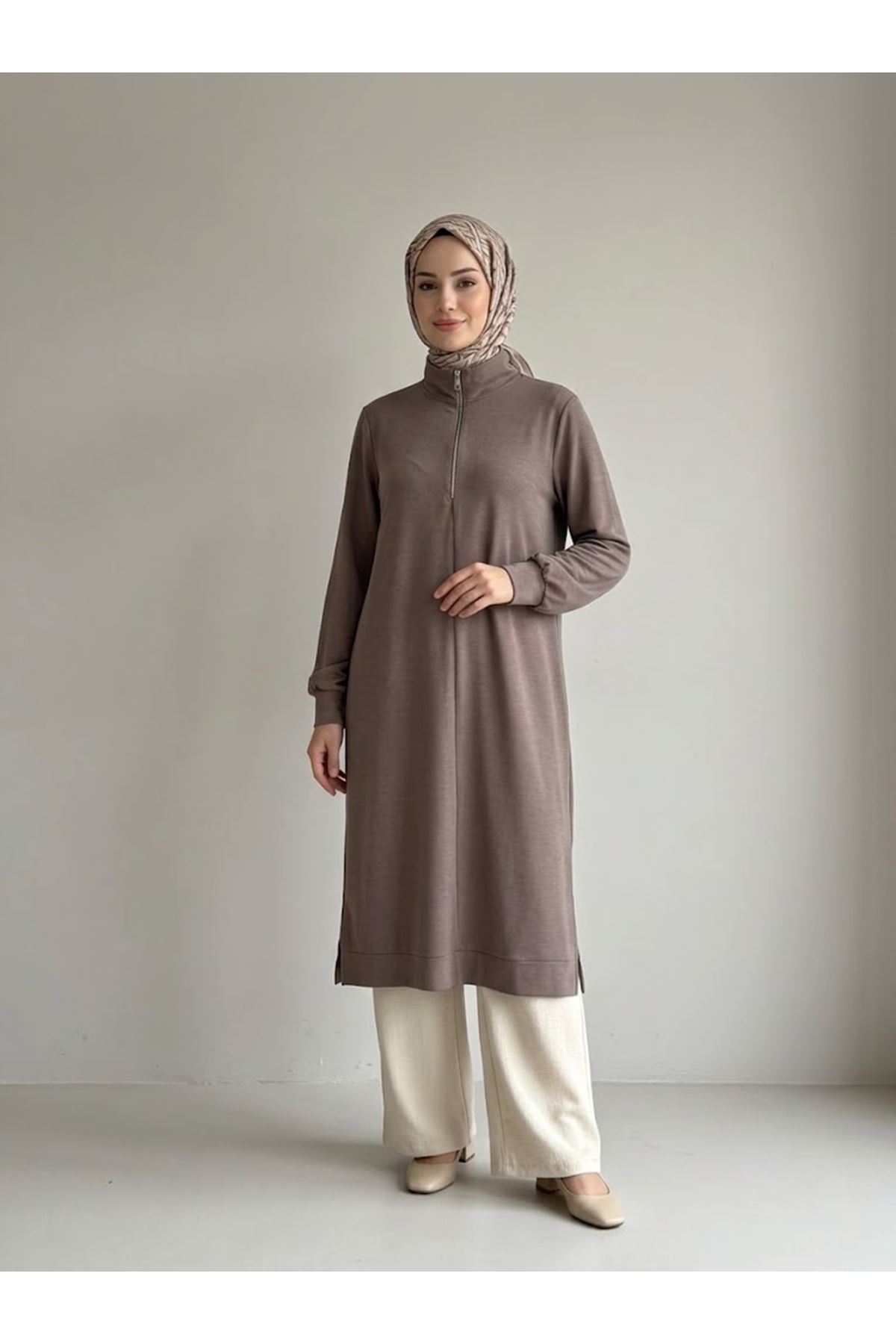 ELB04180-P102 Fermuar Detay Pike Elbise-Açık Kahve
