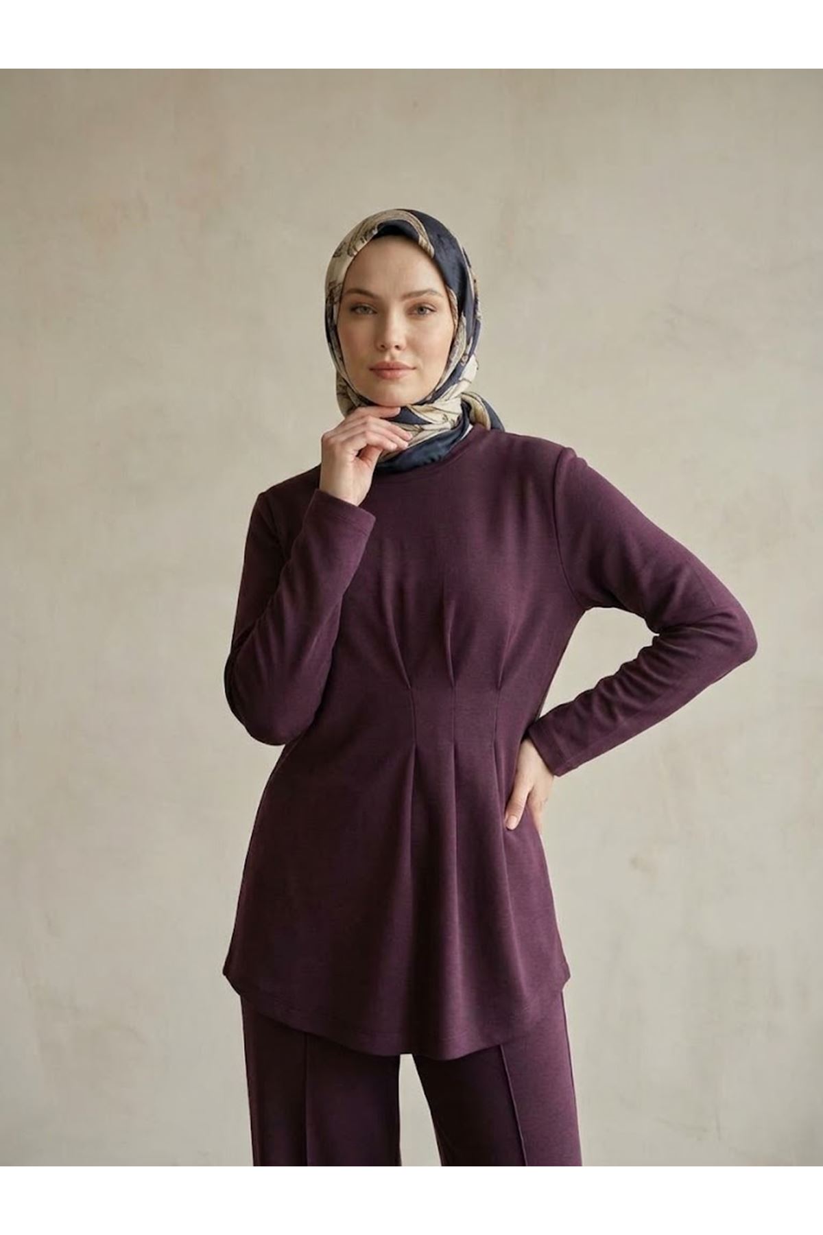 PİT00550-BRD Önü Üç Derin Pileli Takım-Bordo