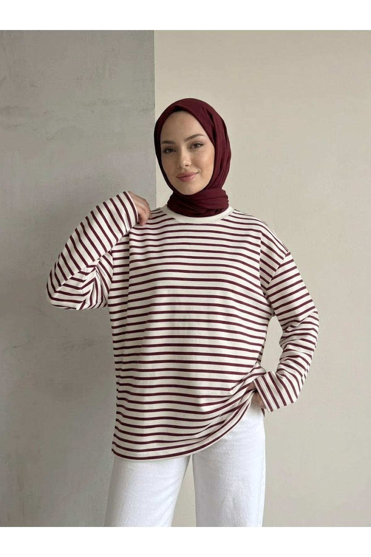TUN06020-BRD Çizgili Oysh Tunik-Bordo
