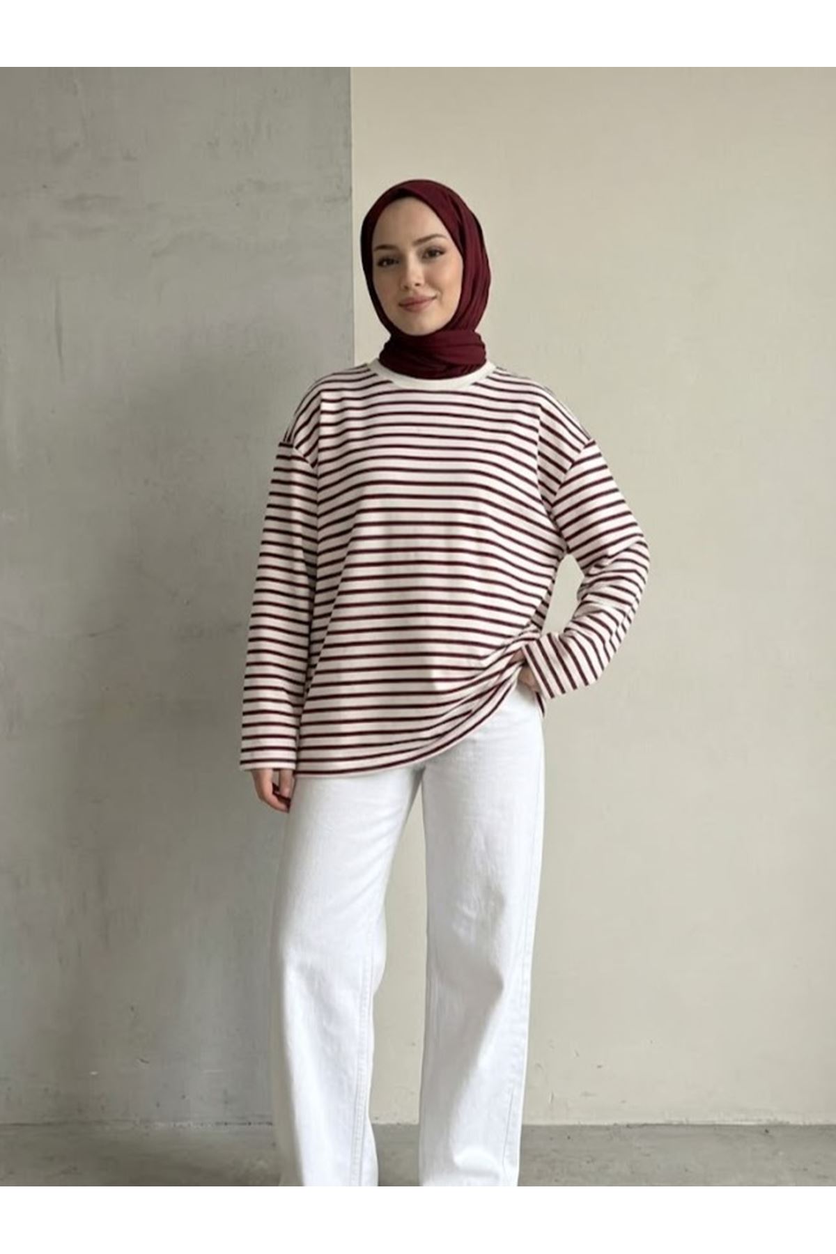TUN06020-BRD Çizgili Oysh Tunik-Bordo