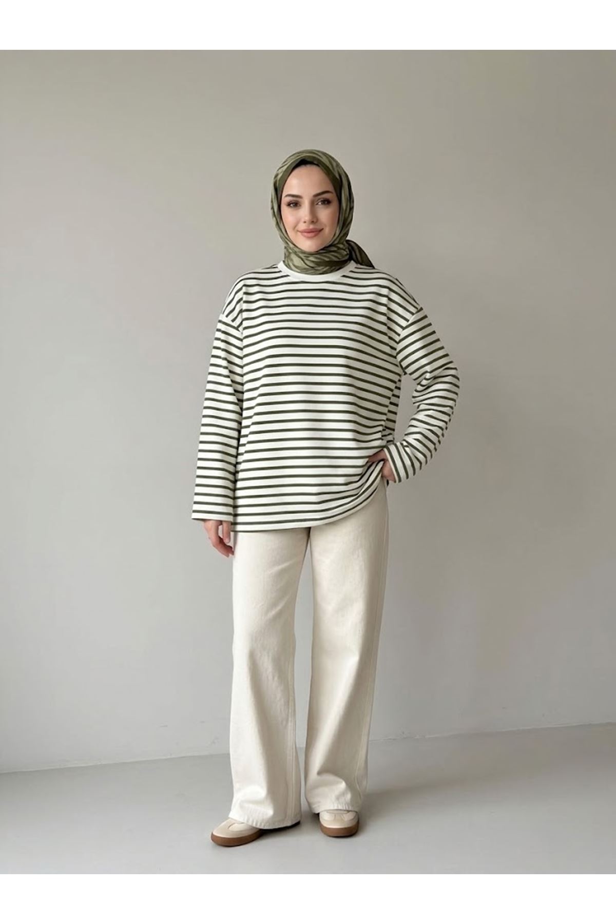 TUN06020-HKİ Çizgili Oysh Tunik-Haki