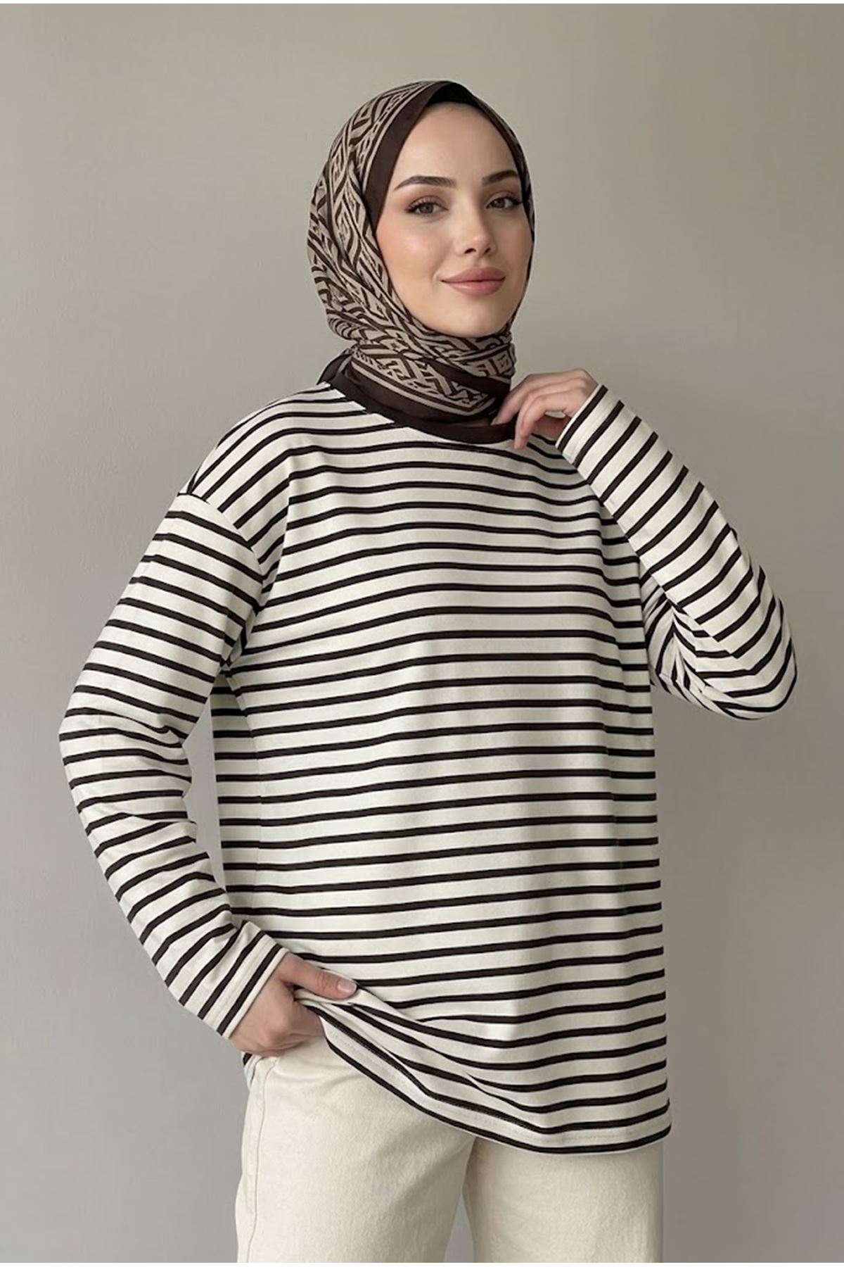 TUN06020-KHV Çizgili Oysh Tunik-Kahve