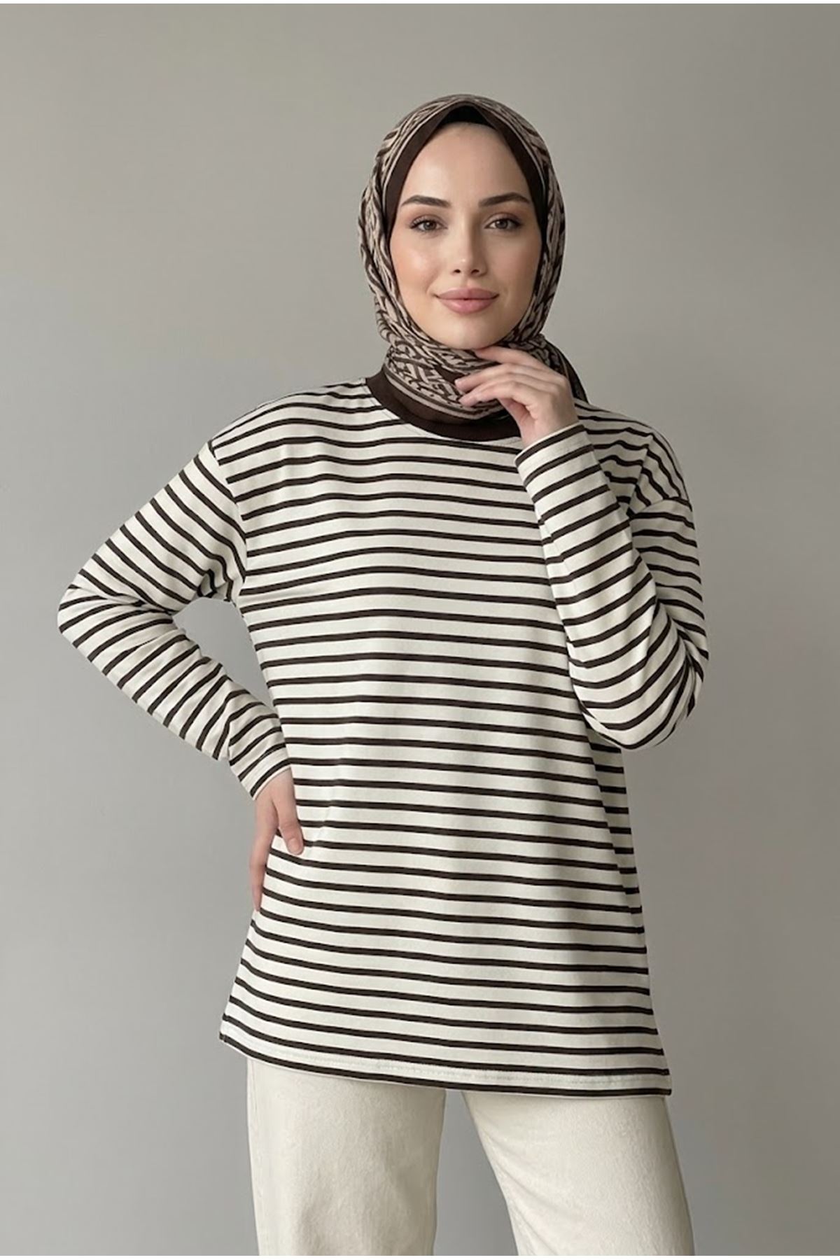 TUN06020-KHV Çizgili Oysh Tunik-Kahve