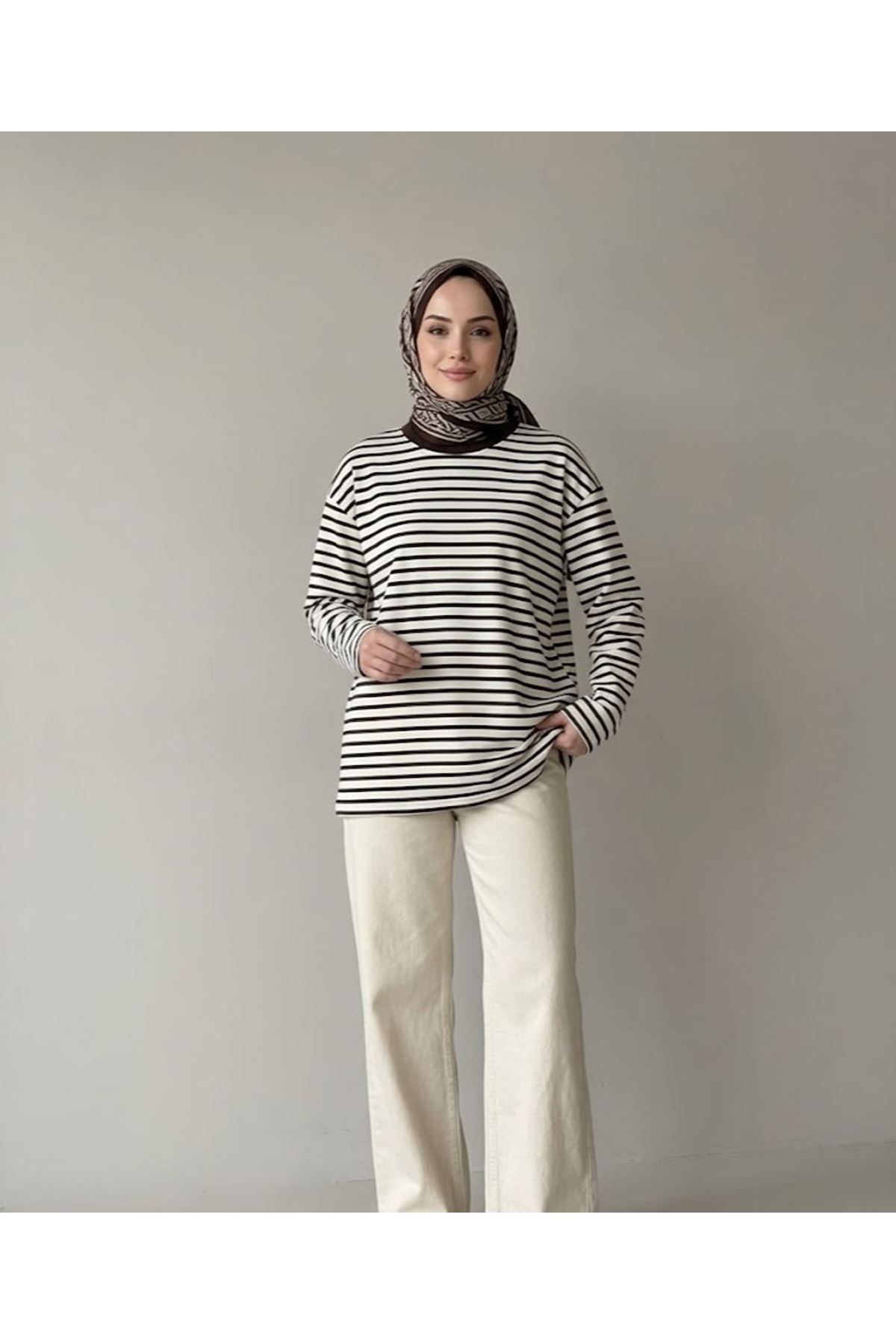 TUN06020-KHV Çizgili Oysh Tunik-Kahve