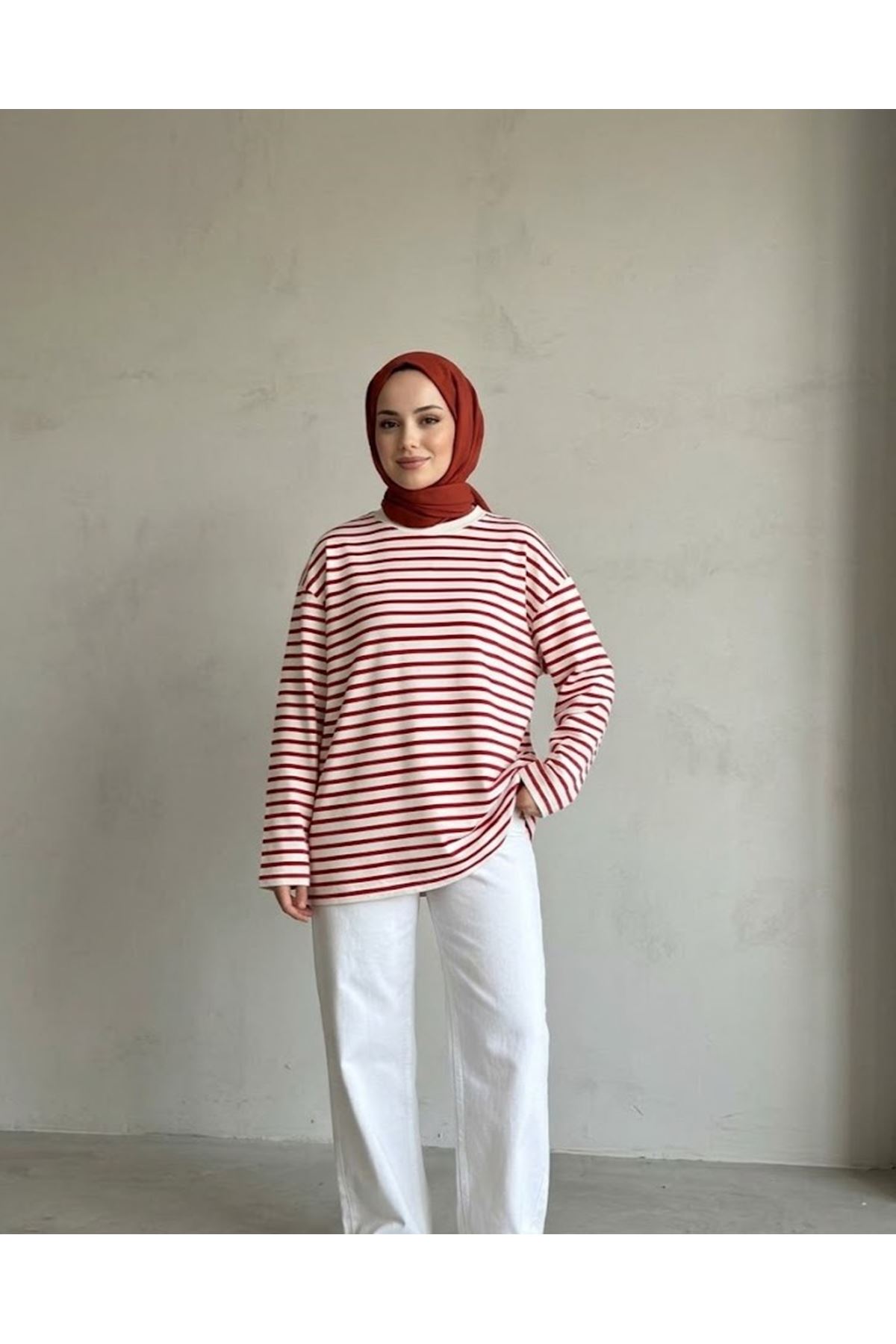 TUN06020-KIR Çizgili Oysh Tunik-Kırmızı