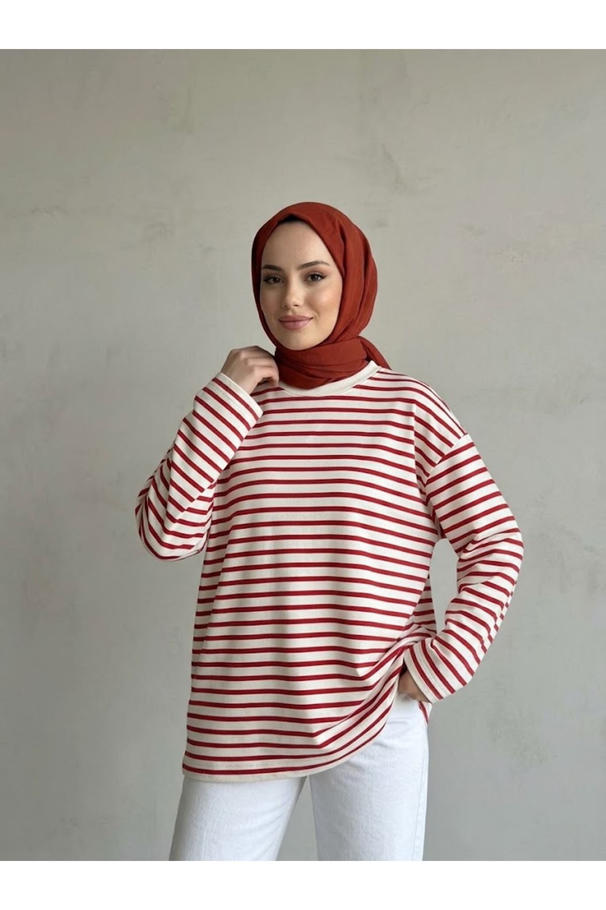TUN06020-KIR Çizgili Oysh Tunik-Kırmızı