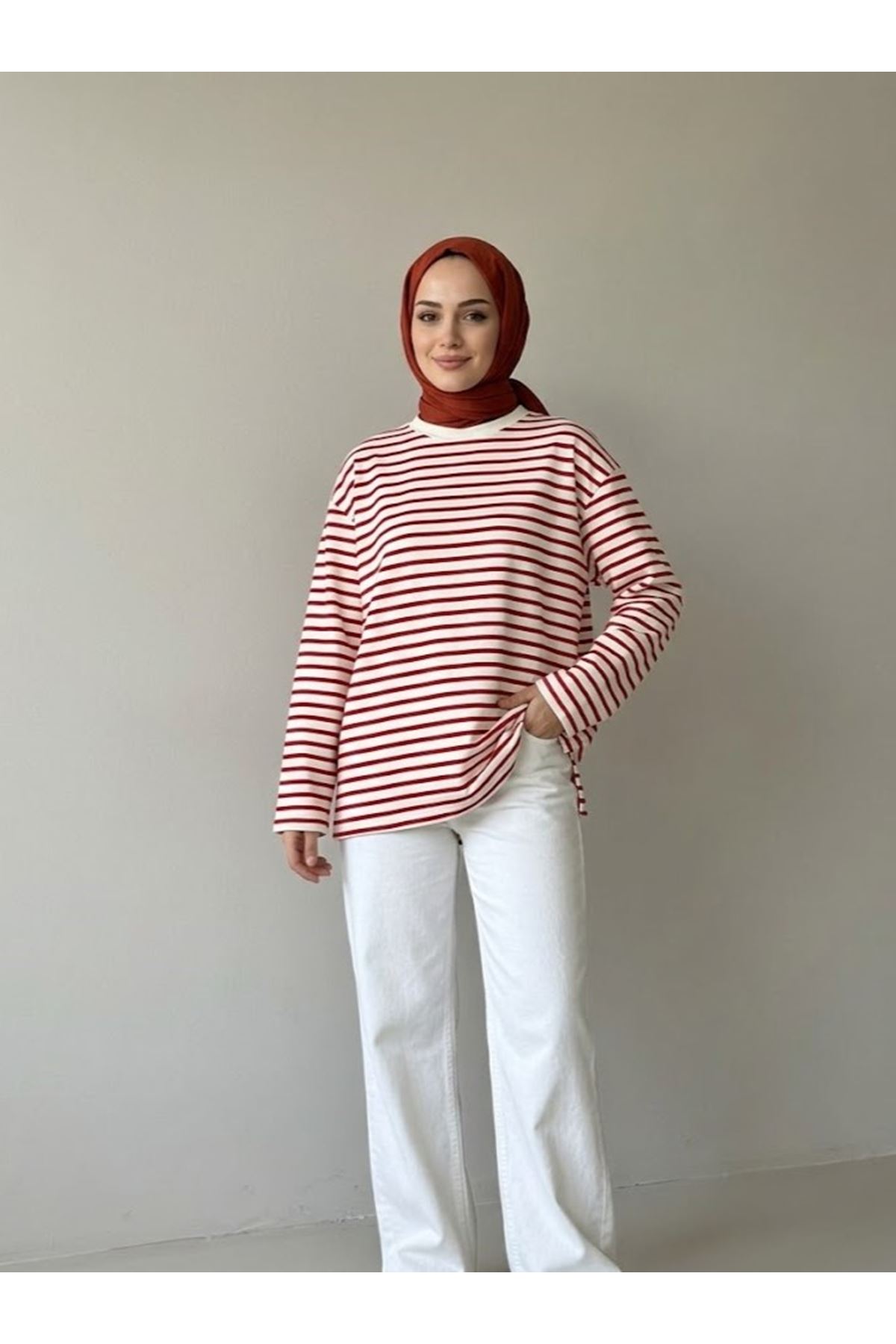 TUN06020-KIR Çizgili Oysh Tunik-Kırmızı