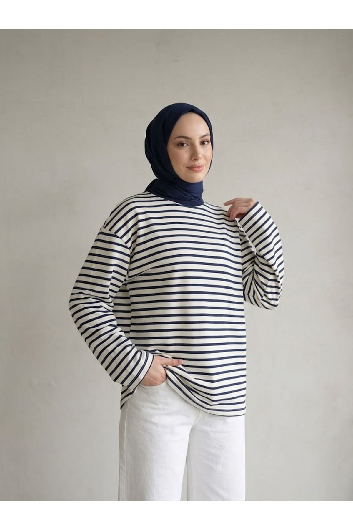 TUN06020-LCV Çizgili Oysh Tunik-Lacivert