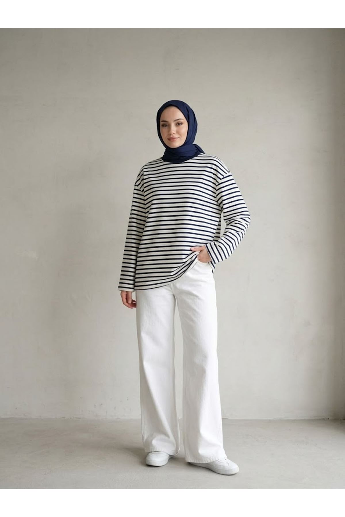 TUN06020-LCV Çizgili Oysh Tunik-Lacivert