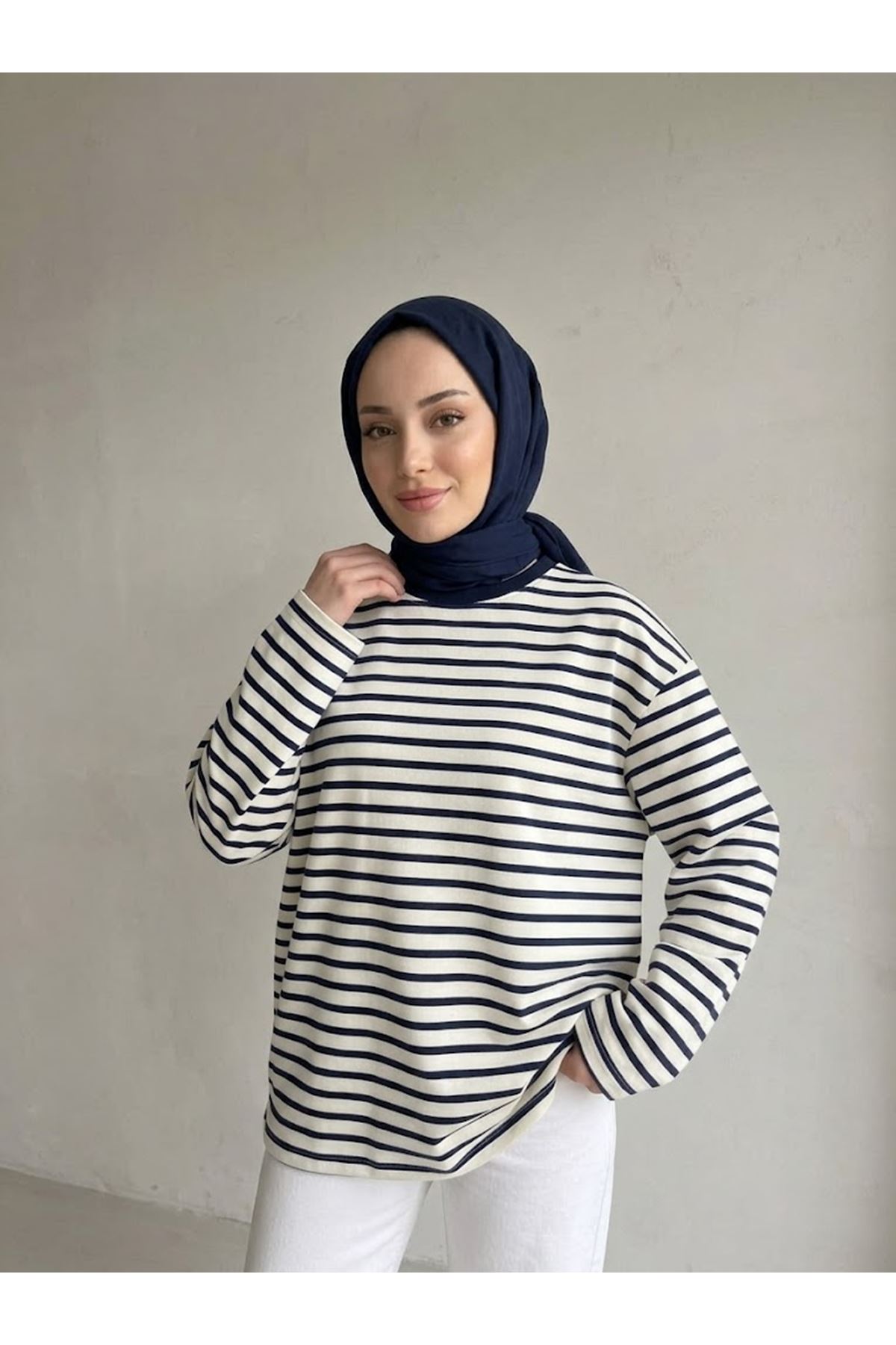 TUN06020-LCV Çizgili Oysh Tunik-Lacivert