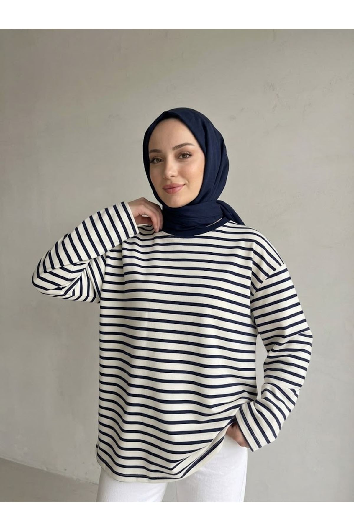 TUN06020-LCV Çizgili Oysh Tunik-Lacivert