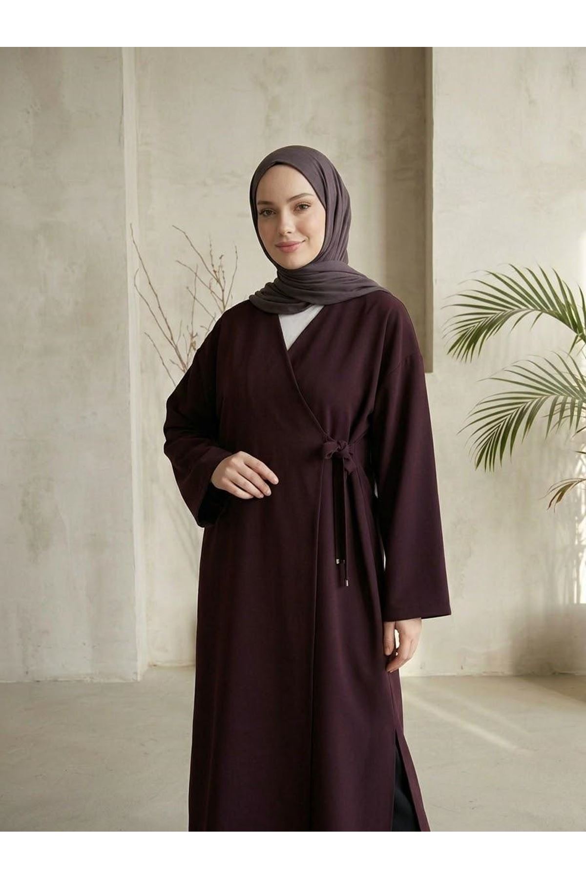TUN06007-BRD Metal Uçlu Yan Bağlamalı Uzun Tunik-Bordo