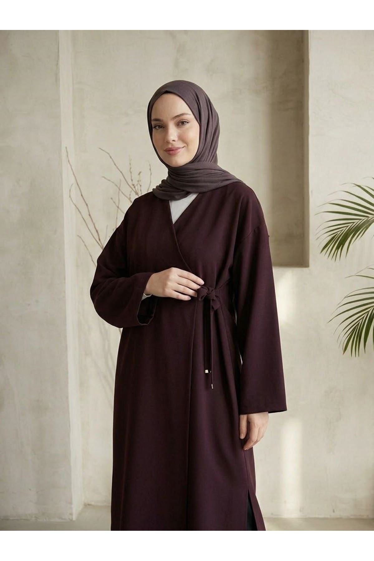 TUN06007-BRD Metal Uçlu Yan Bağlamalı Uzun Tunik-Bordo