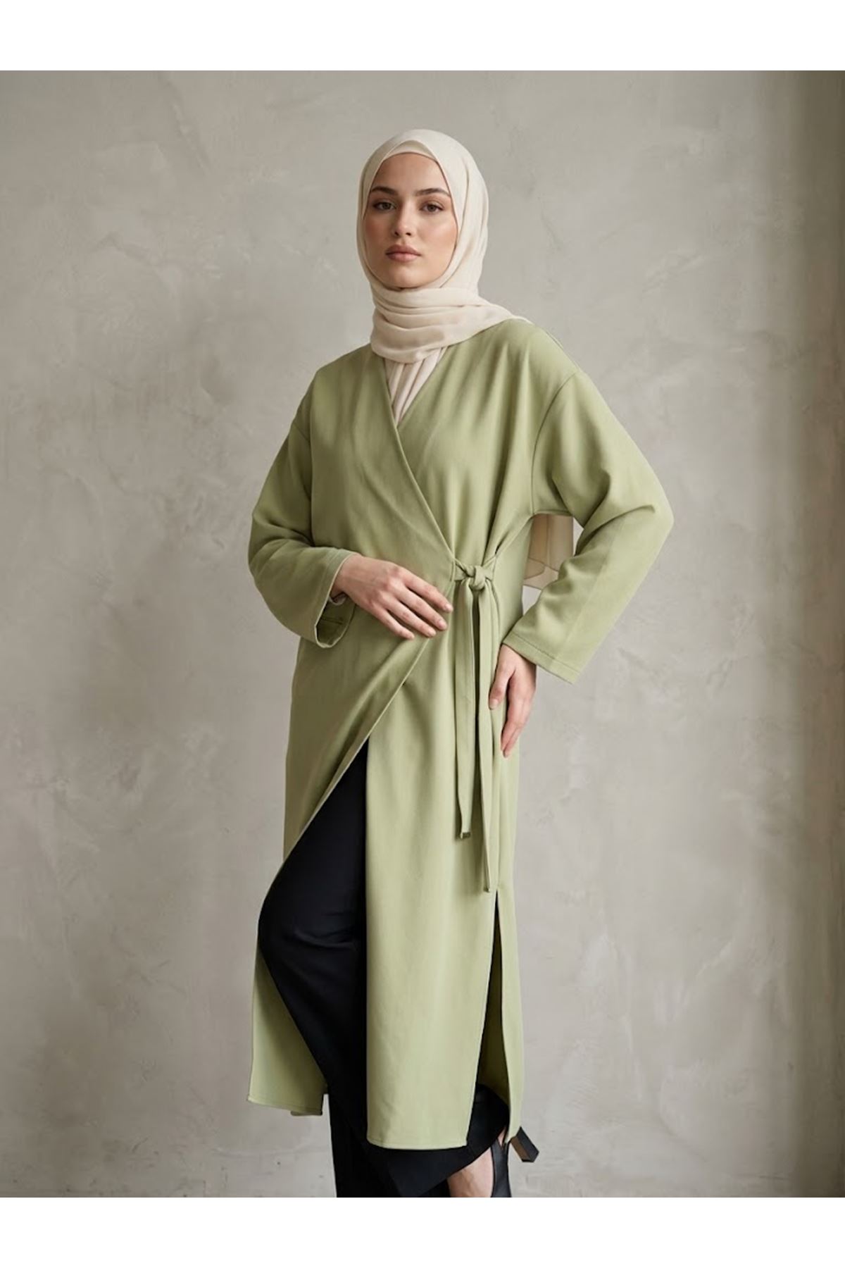 TUN06007-P83 Metal Uçlu Yan Bağlamalı Uzun Tunik-Açık Haki