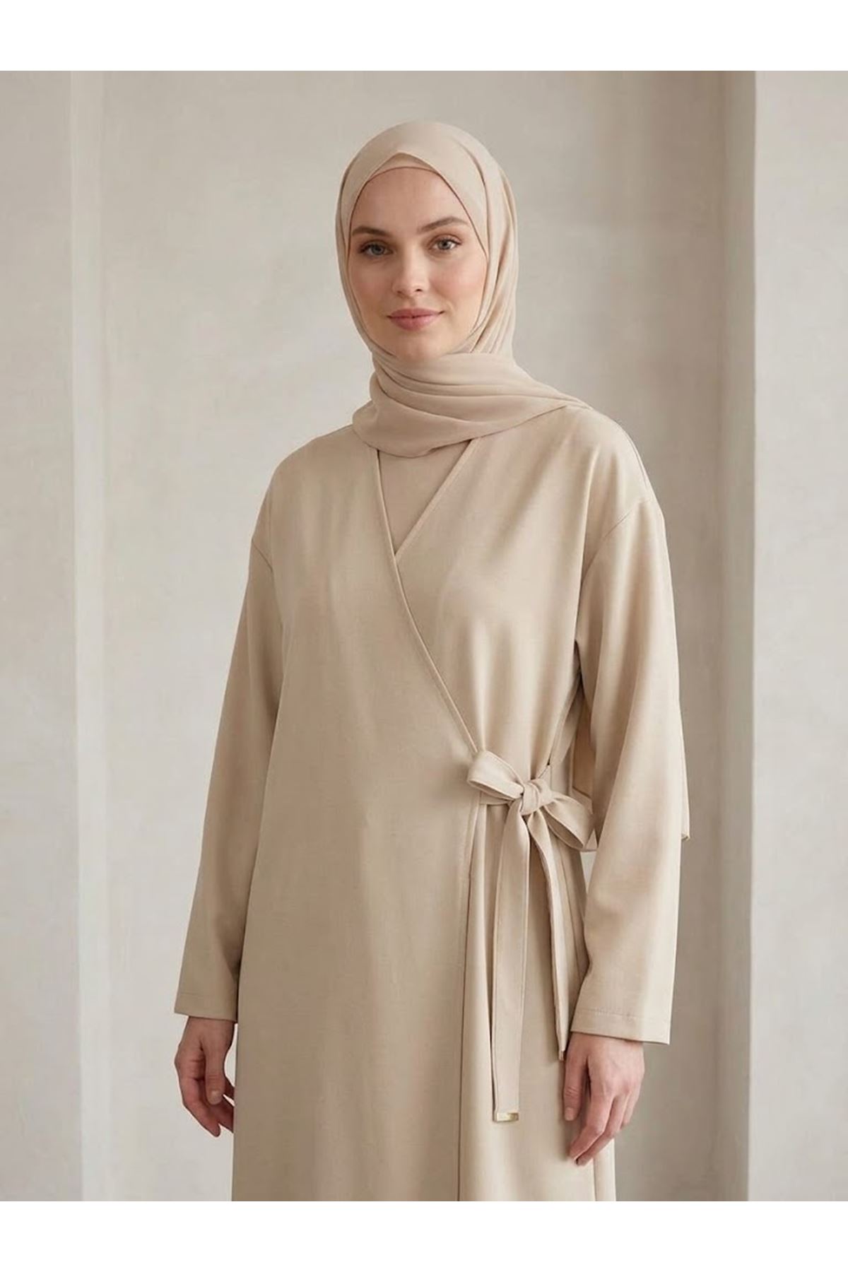 TUN06007-TAŞ Metal Uçlu Yan Bağlamalı Uzun Tunik-Taş