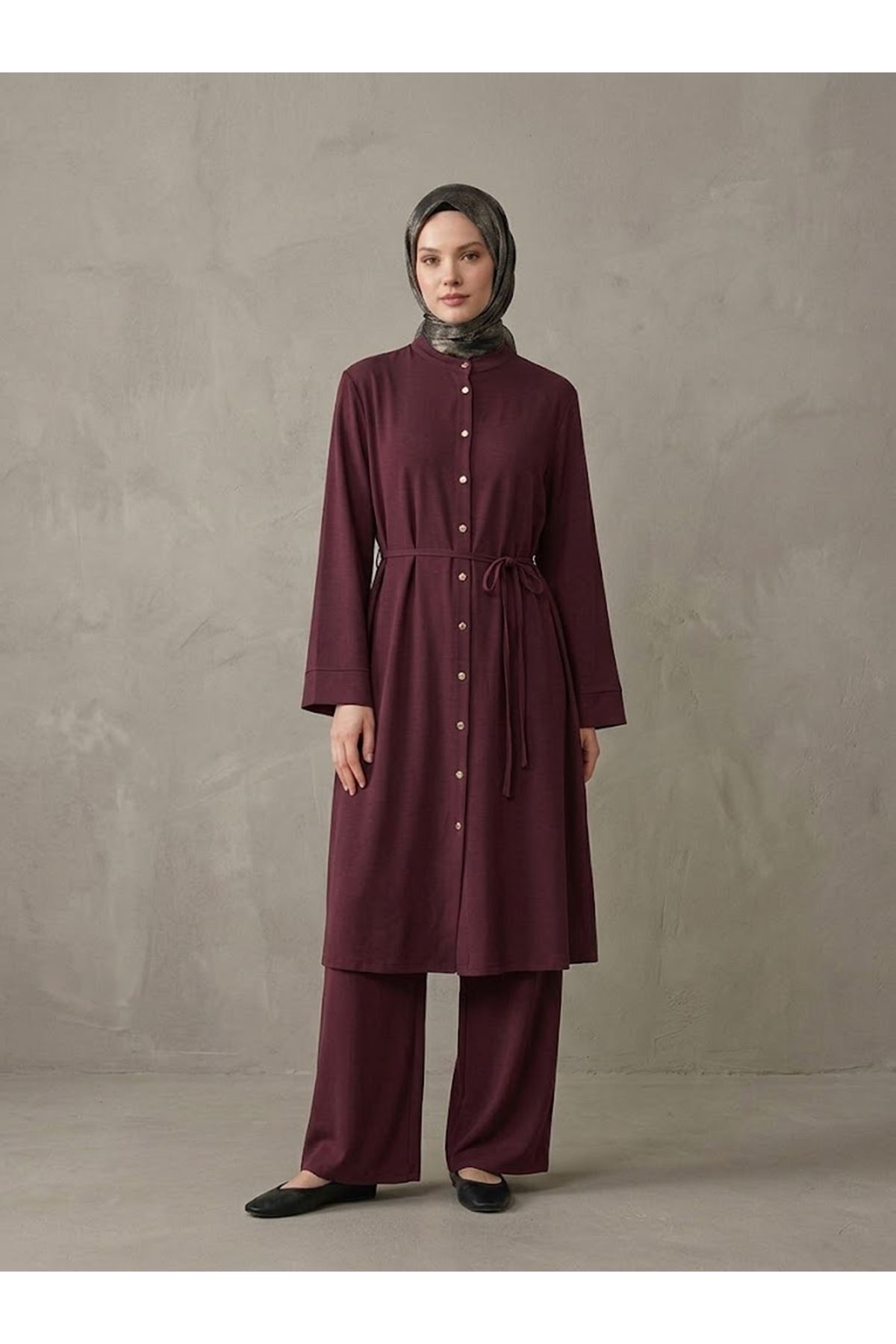 PİT00552-BRD Hakim Yaka Pantolonlu Pike Takım-Bordo